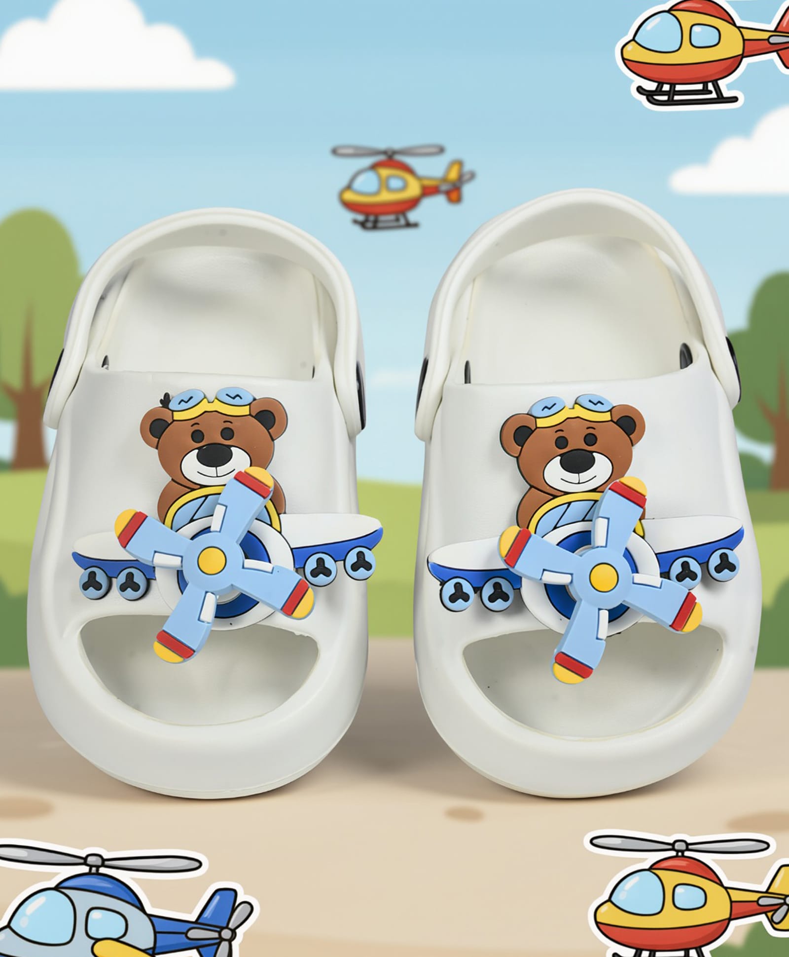 Yellow Bee Teddy & Plane Applique Detailed Slingback Sandals - White-picture-27