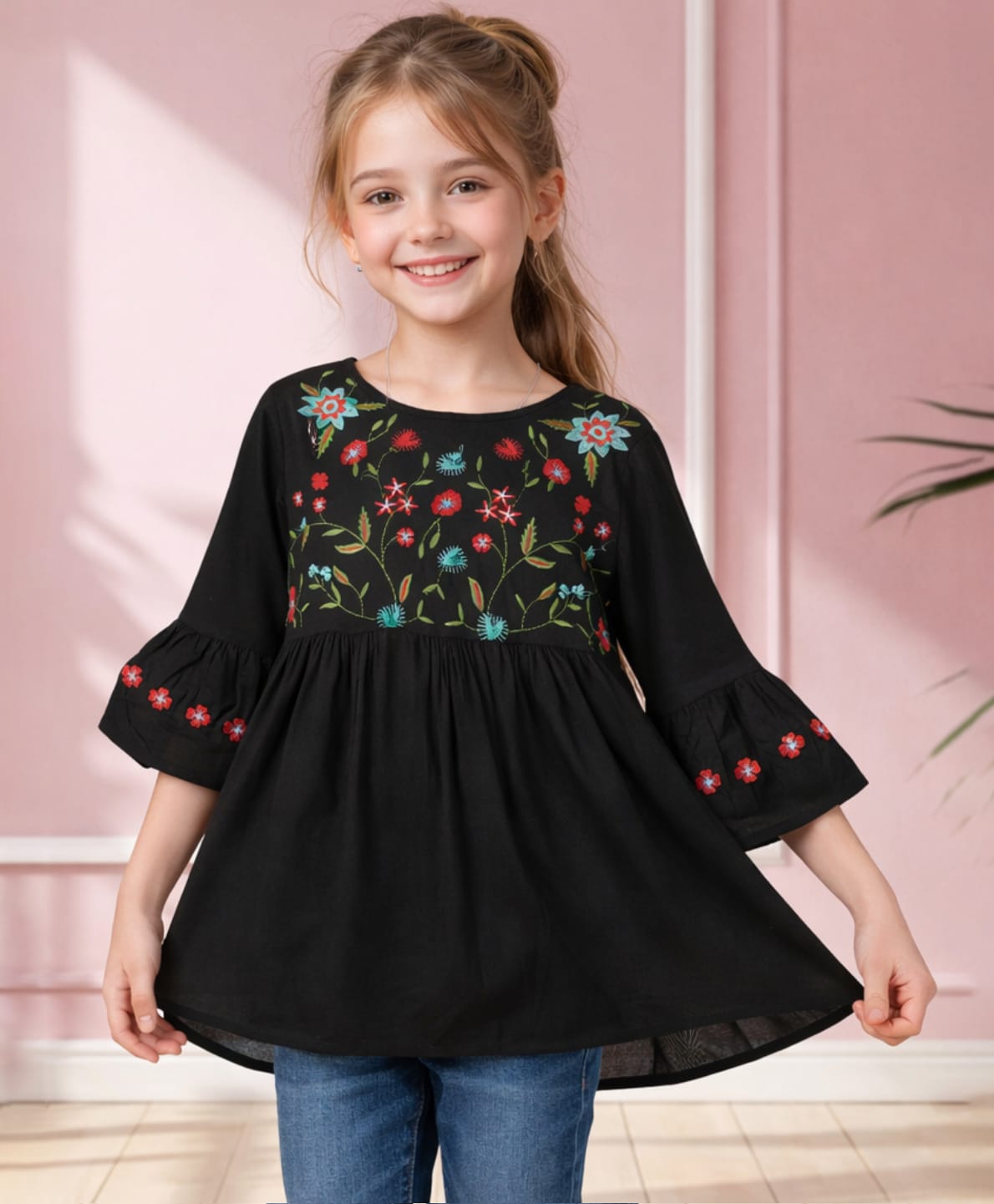 ISHTI Cotton Rayon Woven Three Fourth Sleeves Floral Embroidered Top - Black-picture-18