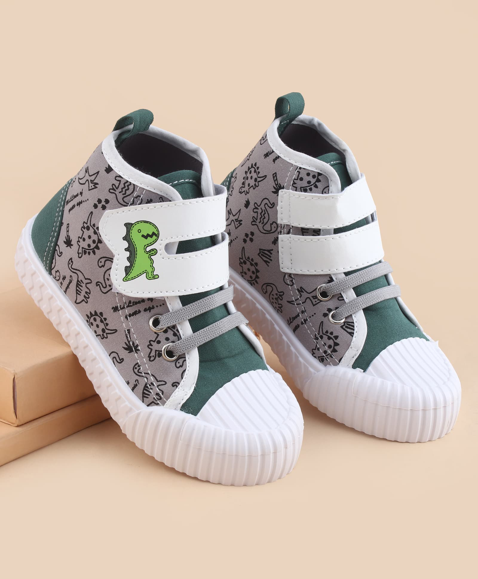 Cute Walk by Babyhug Velcro Closure Casual Shoes With Dino Print - Green & Grey-picture-15