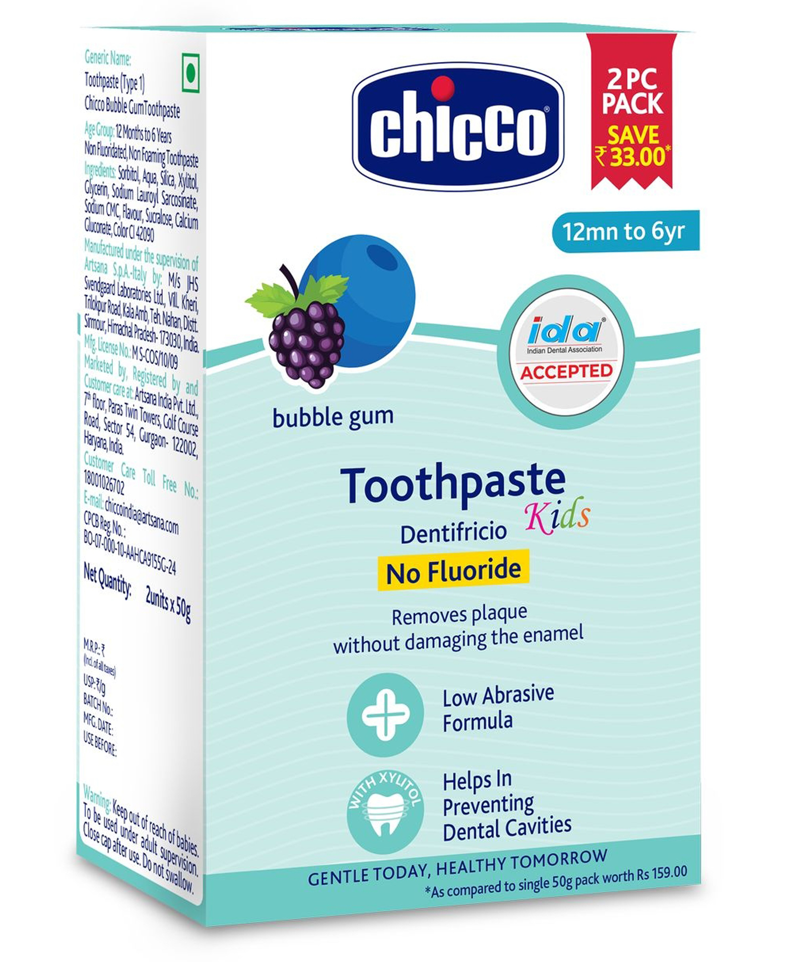 Chicco Baby Toothpaste Bubble Gum Flavour No Fluoride Formula 2 Pcs - 50 g-picture-15