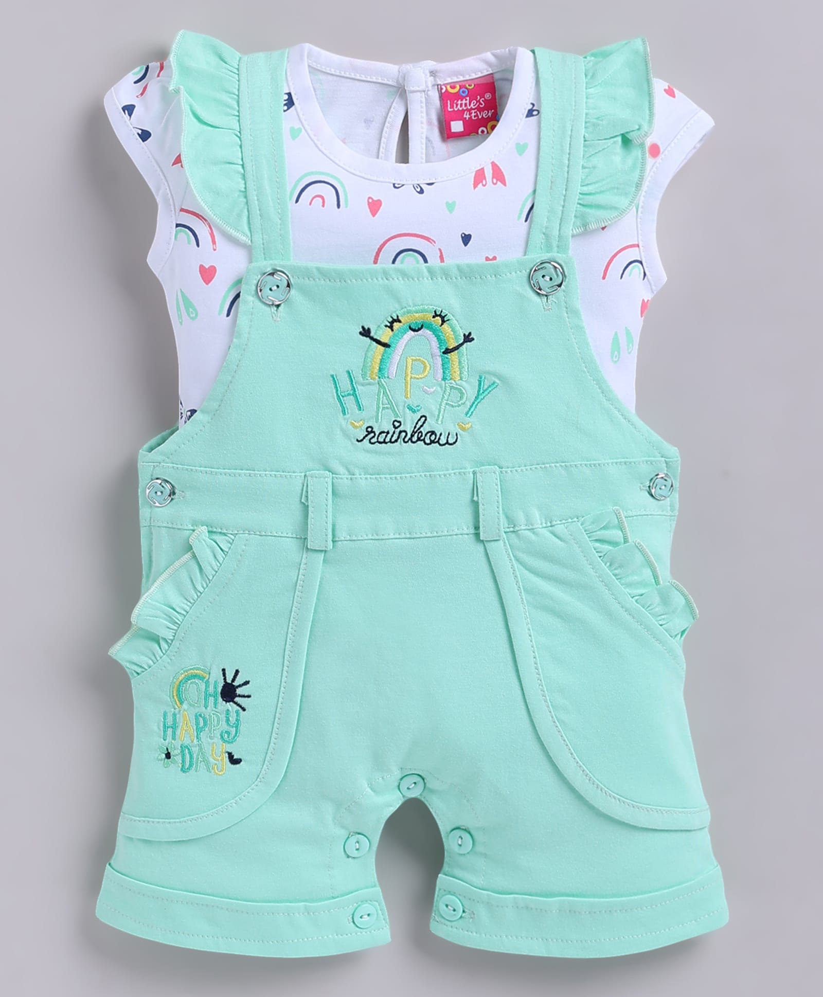 LITTLE 4EVER Knitted Knit Happy Rainbow Embroidered Dungaree With Cap Sleeves Hearts Printed Tee - Green-picture-28