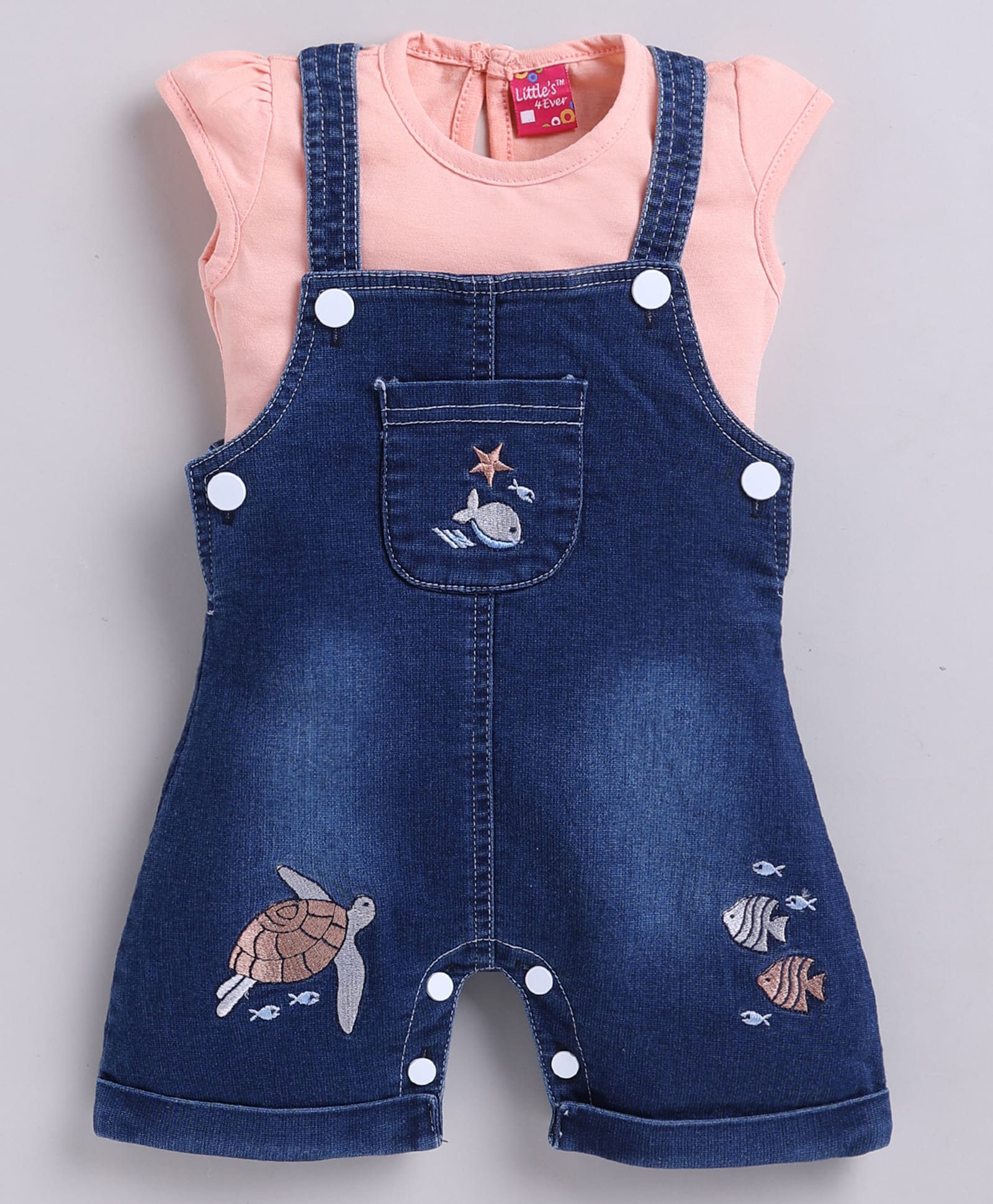 LITTLE 4EVER Knitted Knit Sea Life Embroidered Dungaree With Cap Sleeves Solid Tee - Peach-picture-21