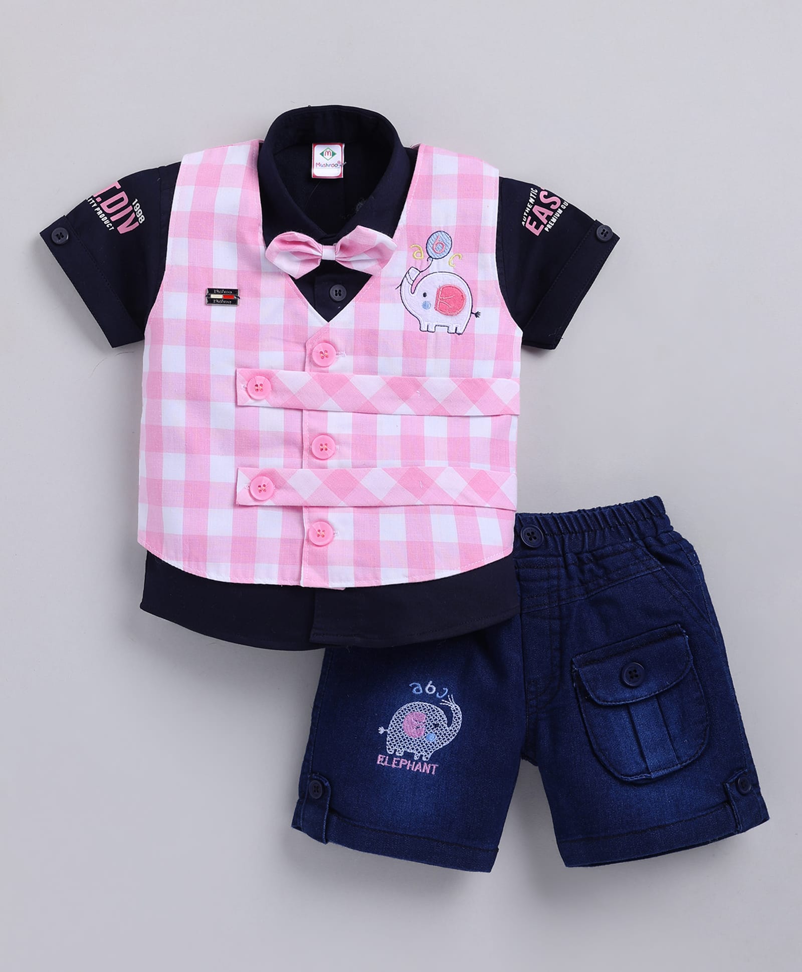 MUSHROO Textile Knit Half Sleeves Typography Printed Shirt & Shorts Set With Checked Jacket & Attached Bow - Pink-image-49