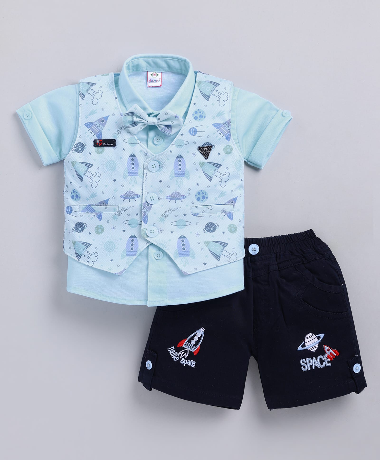 MUSHROO Textile Knit Half Sleeves Solid Shirt & Shorts Set With Space Theme Printed Striped Jacket & Attached Bow - Skyblue-picture-0