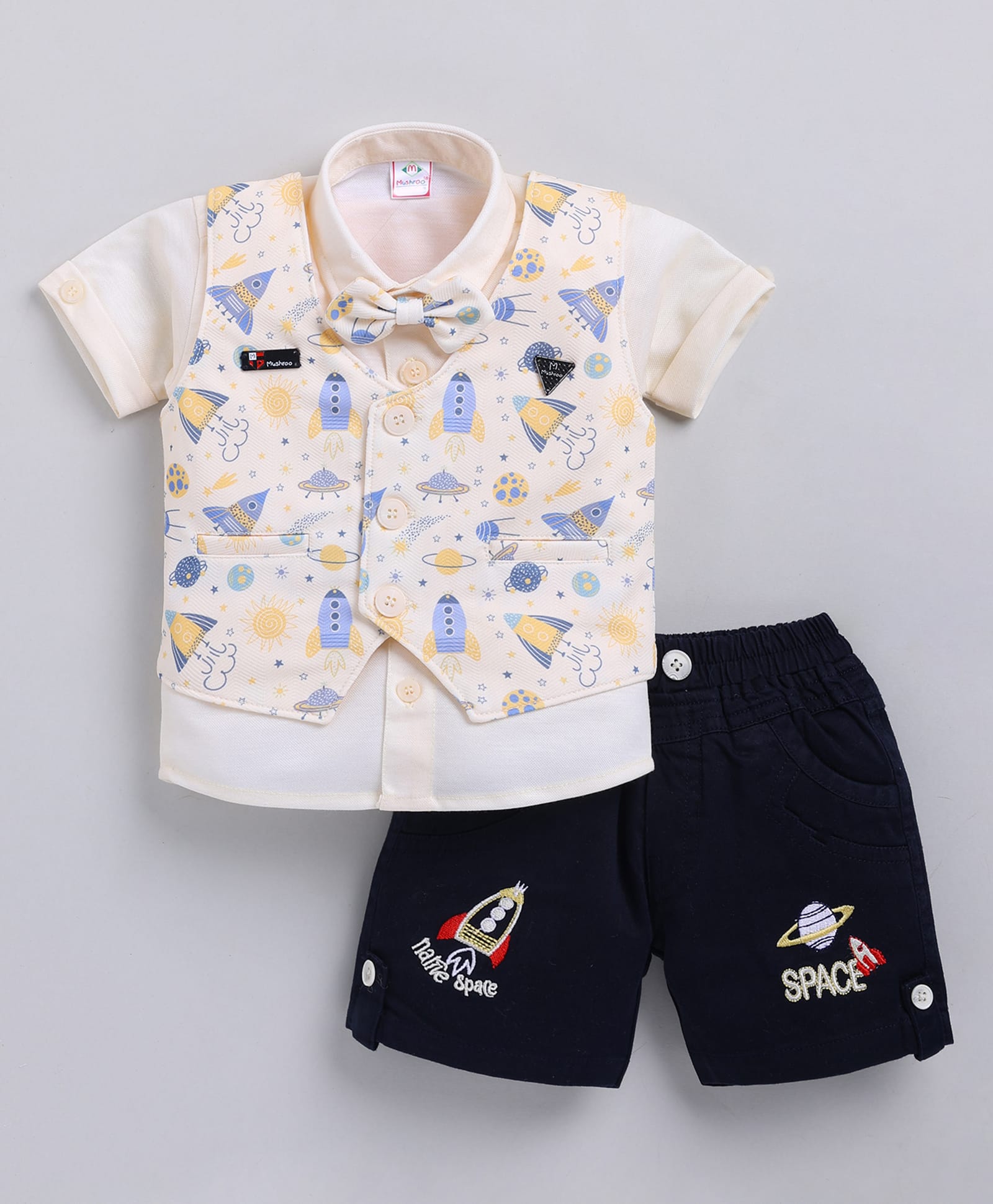 MUSHROO Textile Knit Half Sleeves Solid Shirt & Shorts Set With Space Theme Printed Striped Jacket & Attached Bow - Yellow-image-38