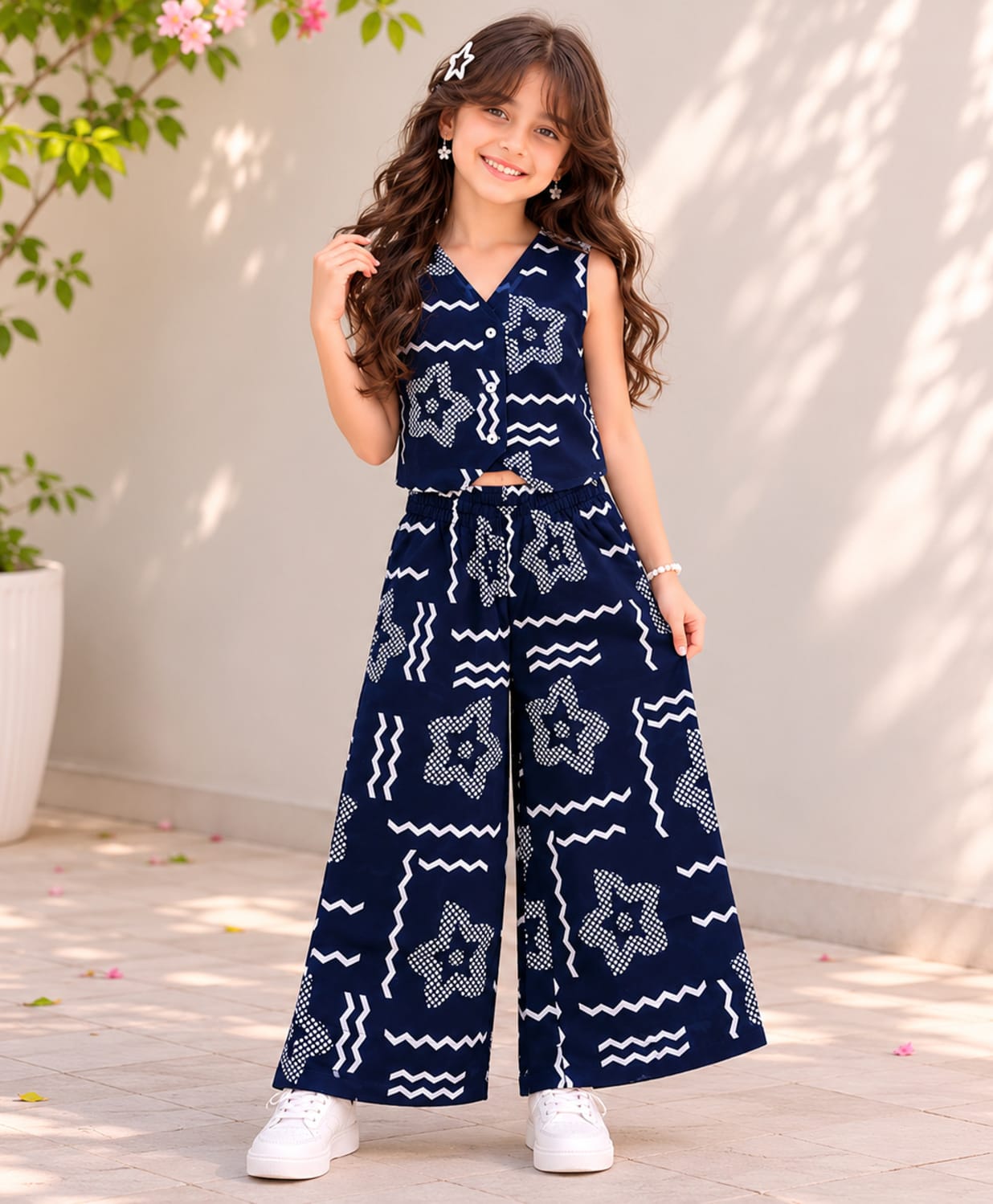 The Magic Wand Cotton Woven Sleeveless Floral Printed Coordinating Waistcoat Style Top & Pant Set - Navy Blue-image-13