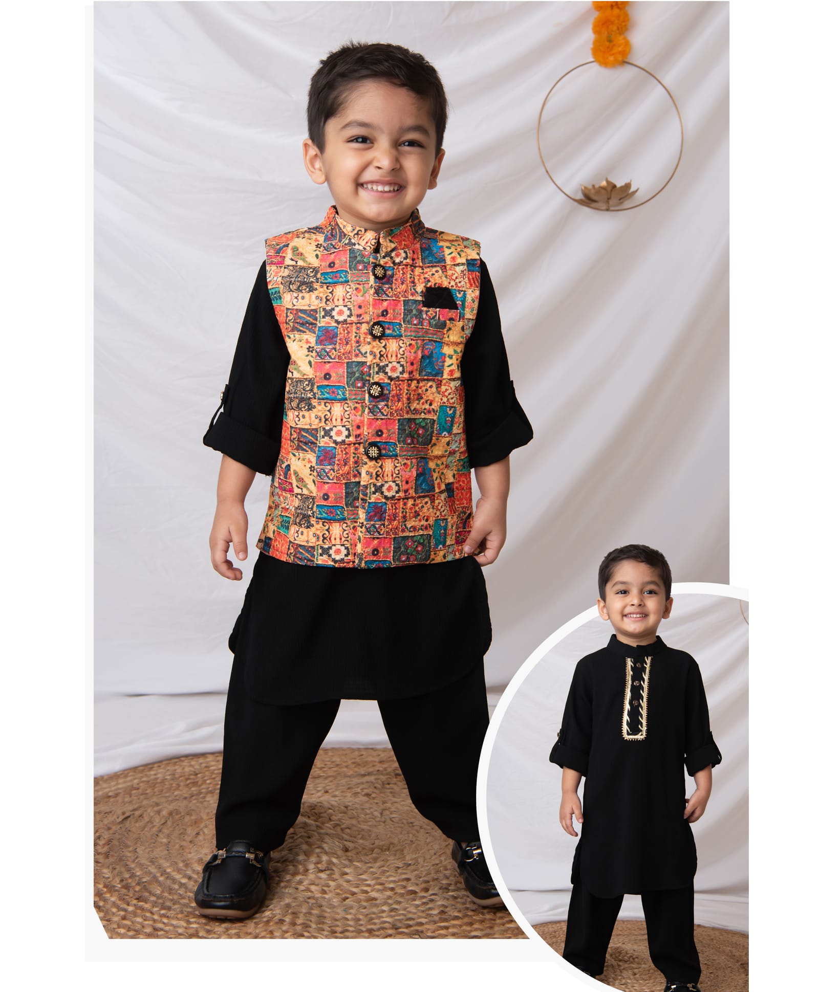Little Collars Woven Full Sleeves Folk Embellished Ethnic Kurta With Lace Detailing & Floral Printed Jacket Set - Black-image-41