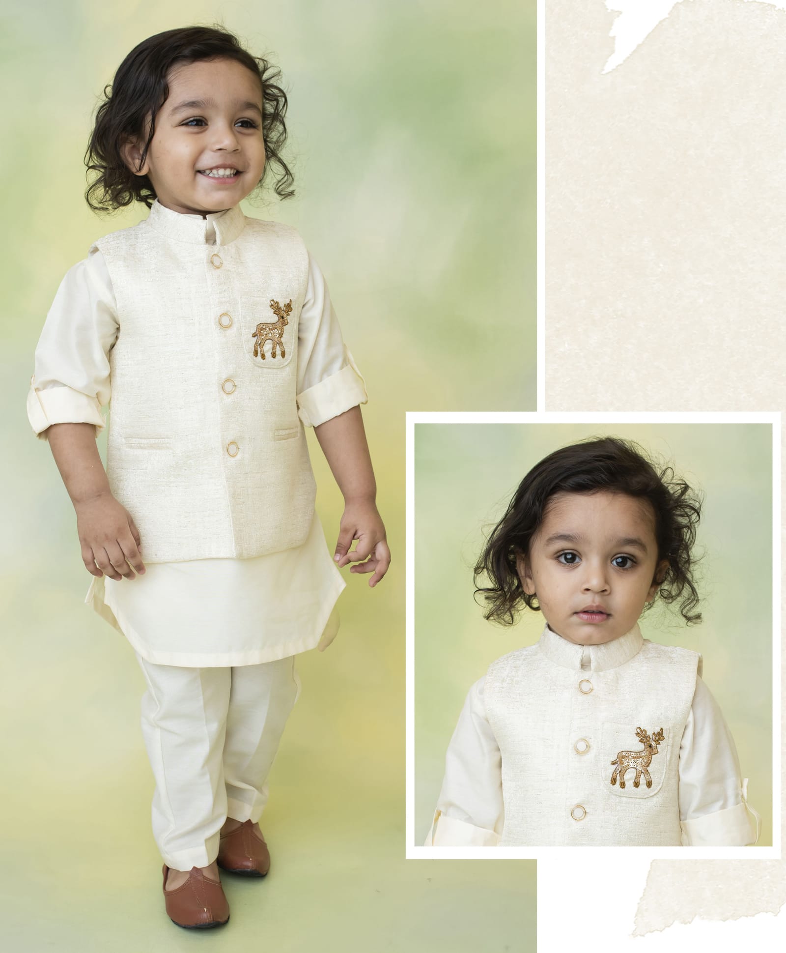 Little Collars Woven Full Sleeves Sequin Reindeer Ethnic Jacket & Kurta Pajama Set- Cream-picture-26