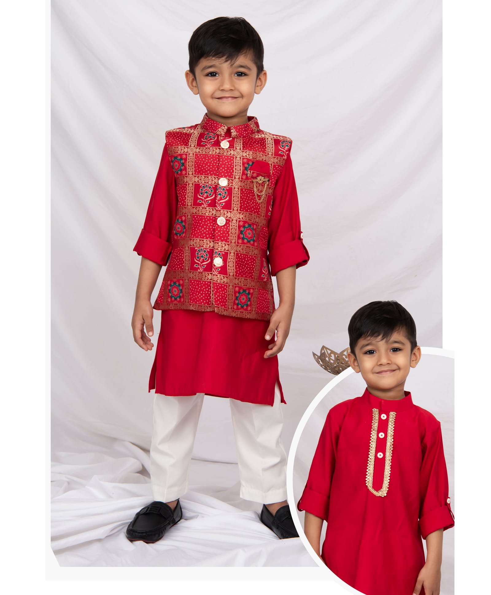 Little Collars Woven Full Sleeves Zari Bandhani Ethnic Kurta Pyjama Set With Floral Printed Nehru Jacket Set - Red-picture-10