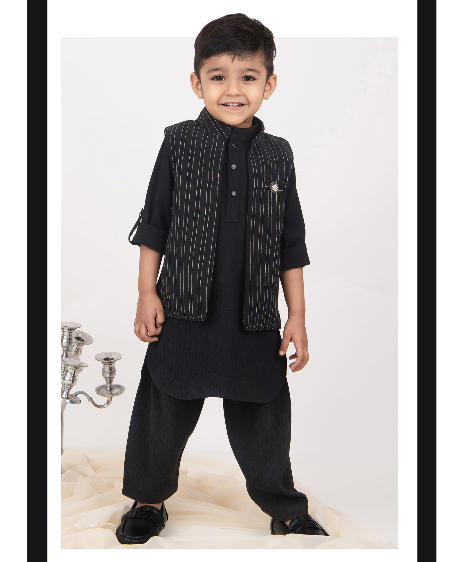 Little Collars Woven Full Sleeves Striped Jacket With Kurta Patiala Set - Black-picture-13