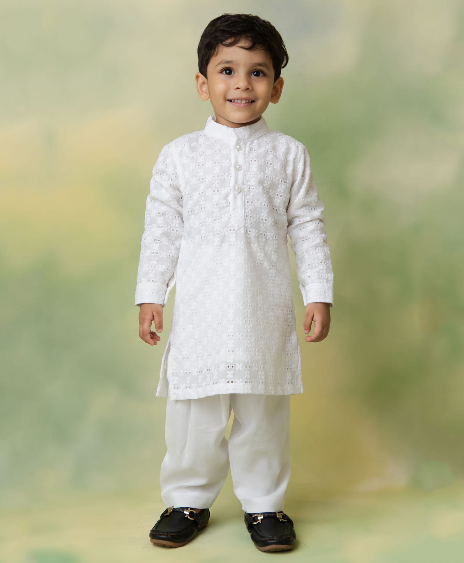 Little Collars Woven Full Sleeves Embroidered Chikankari Pathani Kurta With Patiala Pant - White-image-4