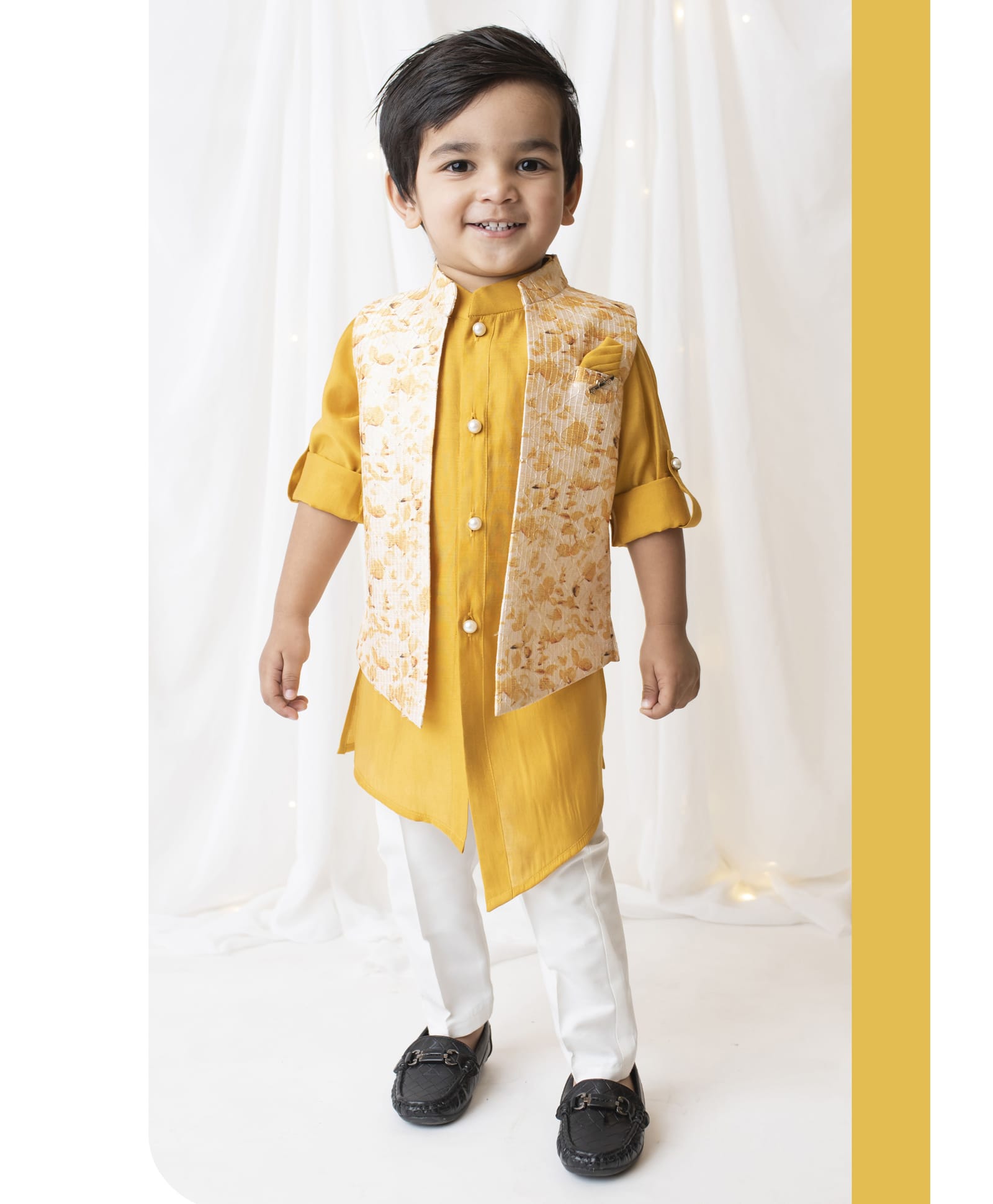 Little Collars Woven Full Sleeves Floral Printed and Embroidered Haldi Jacket With Kurta Pajama Set- Mustard-picture-22