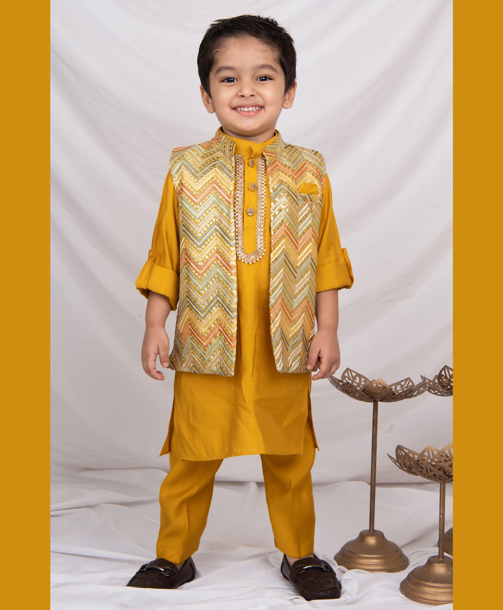 Little Collars Woven Full Sleeves Heavy Embroidered Ethnic Nehru Jacket With Kurta Pajama Set - Mustard-picture-21