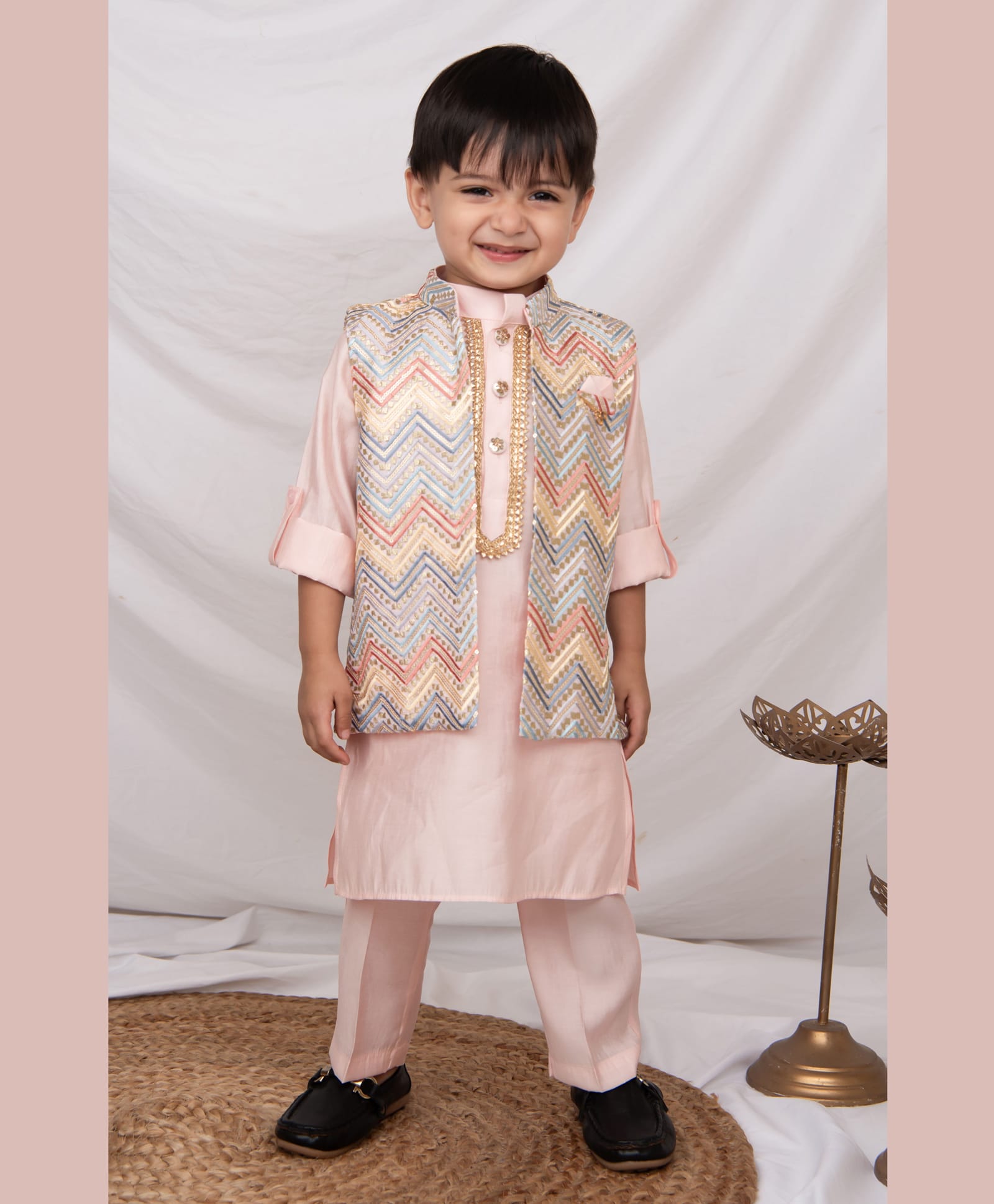 Little Collars Woven Full Sleeves Heavy Embroidered Ethnic Nehru Jacket With Kurta Pajama Set - Pink-picture-23