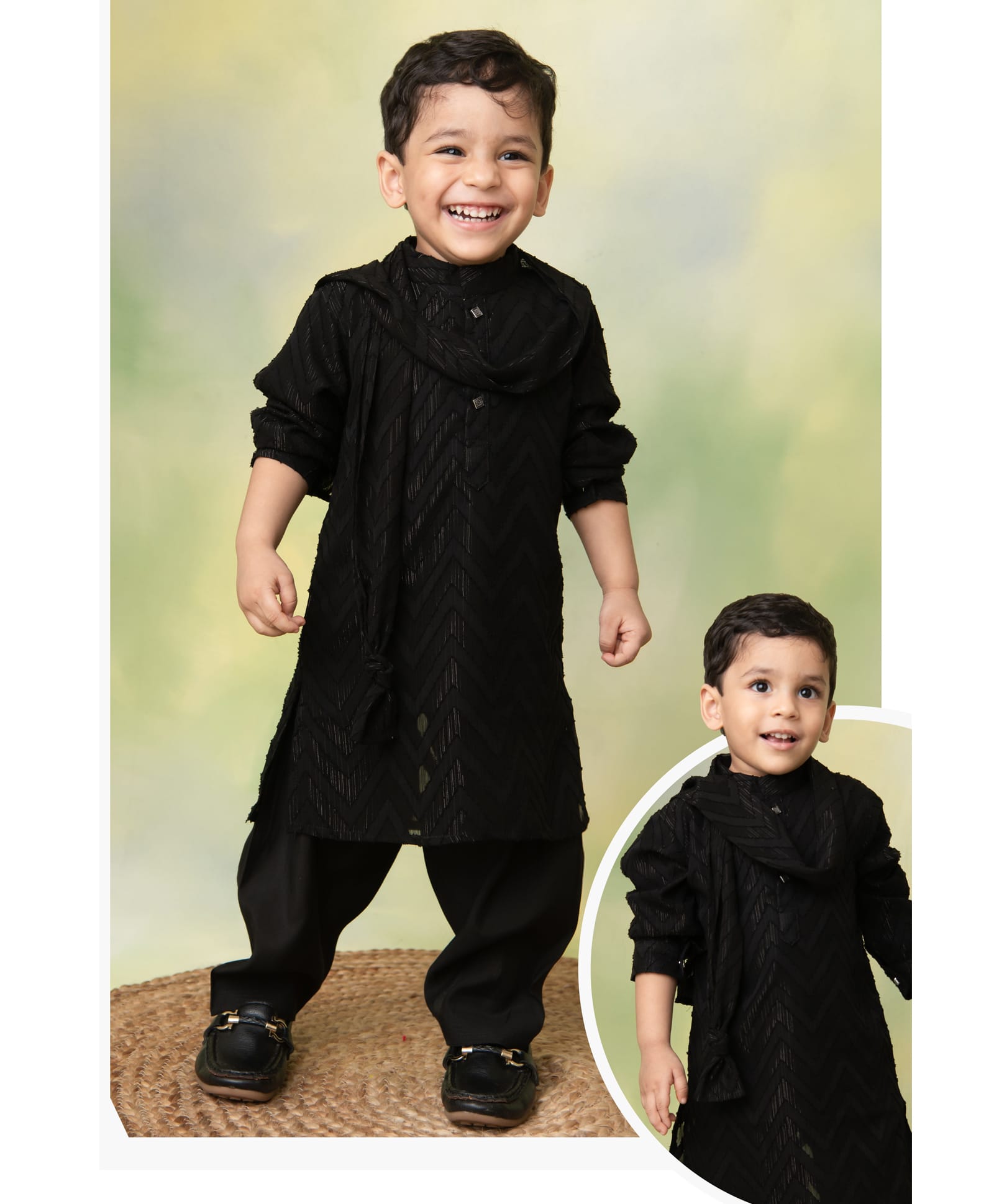 Little Collars Woven Full Sleeves Textured Pathani Kurta With Patiala Pants & Dupatta- Black-picture-23