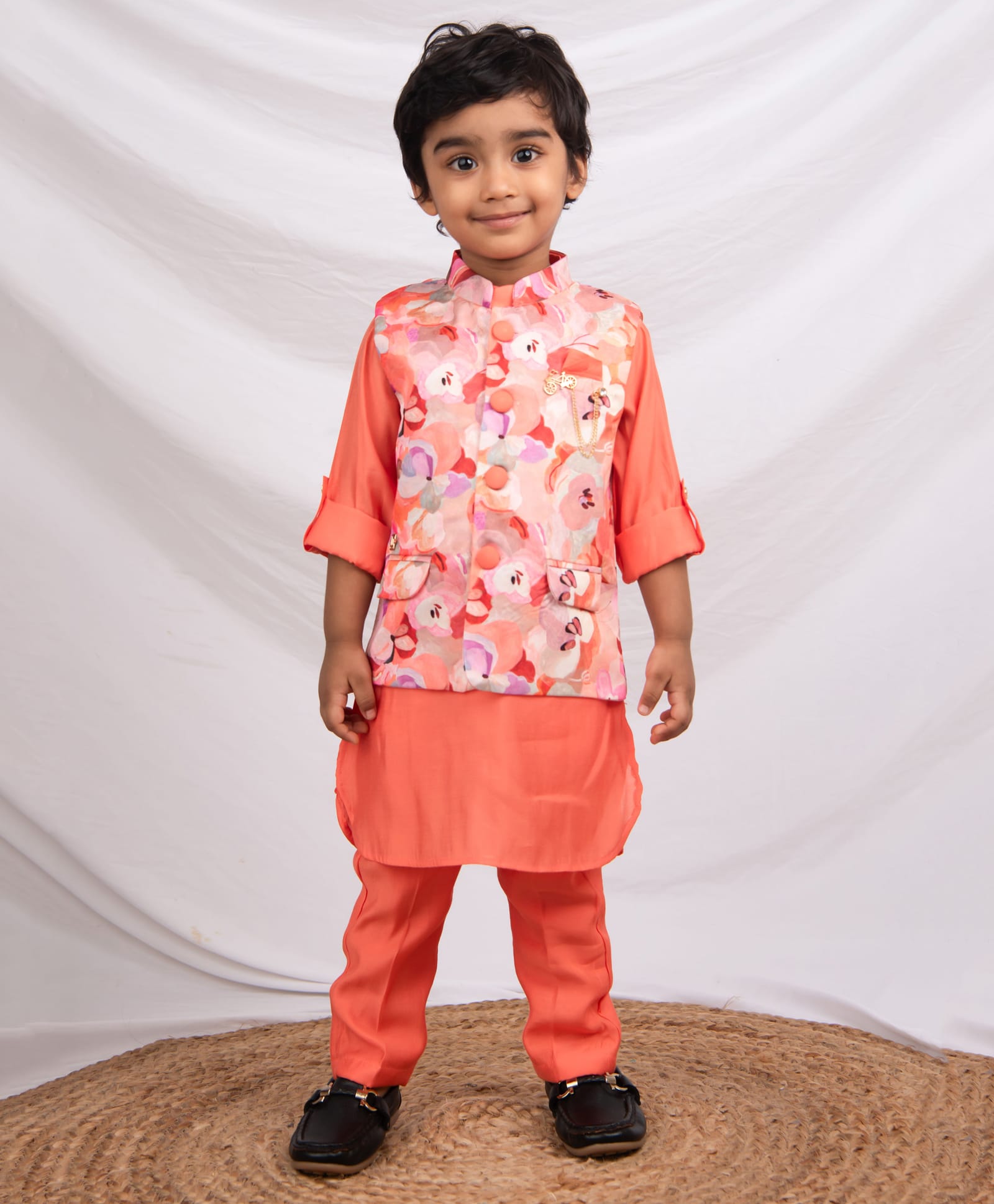 Little Collars Woven Full Sleeves Ethnic Kurta Pajama With Floral Printed Jacket Set - Peach-image-19