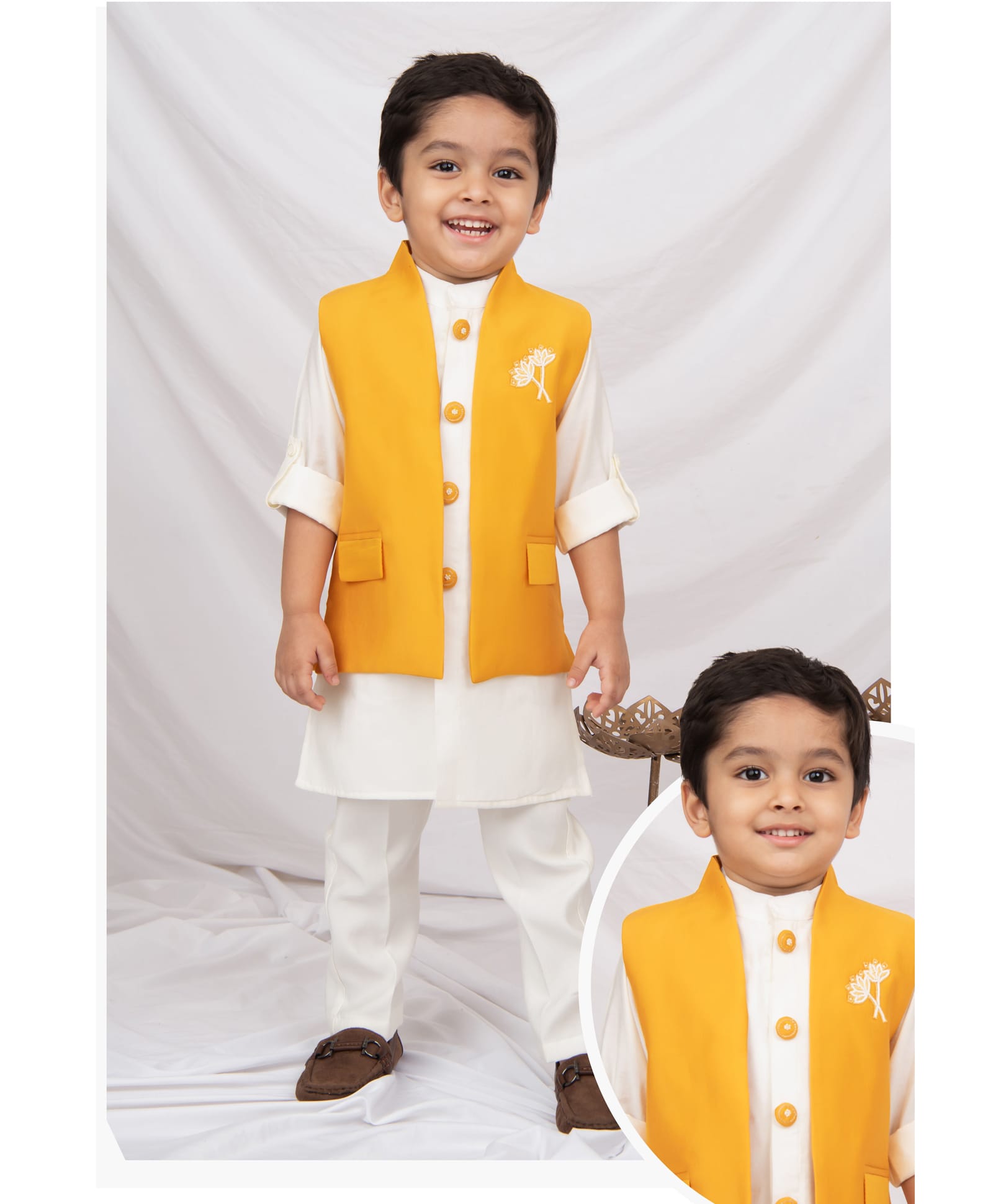 Little Collars Woven Full Sleeves Floral Embroidered Motif Ethnic Nehru Jacket With Kurta Pajama Set - Mustard-picture-1