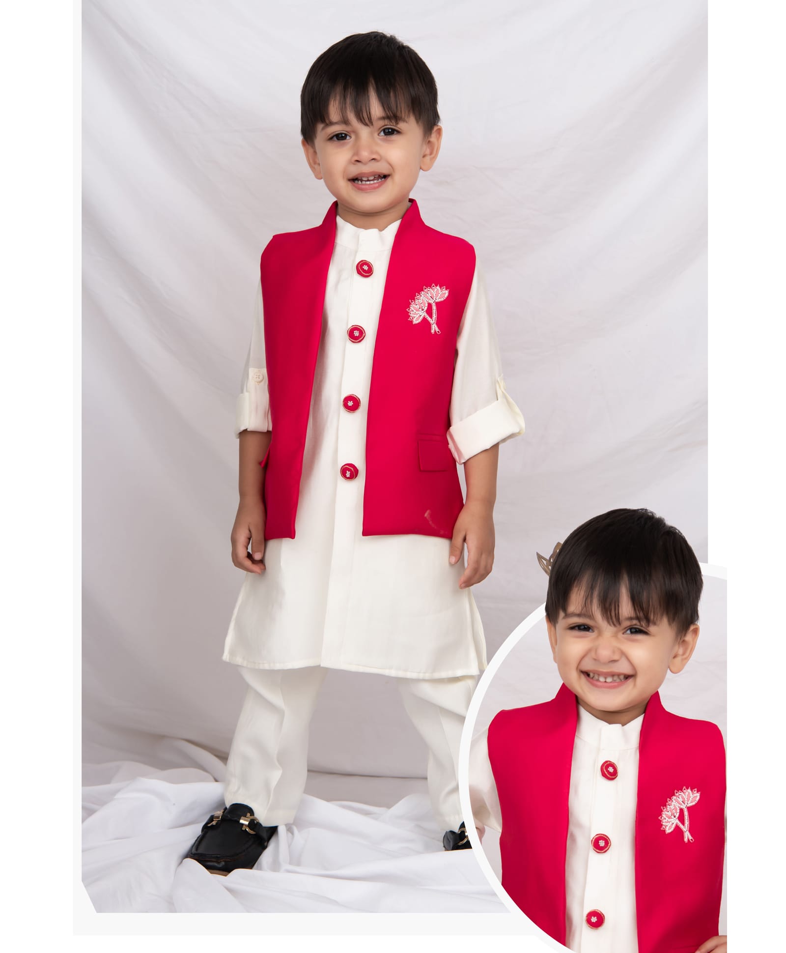 Little Collars Woven Full Sleeves Floral Embroidered Motif Ethnic Nehru Jacket With Kurta Pajama Set - Pink-picture-26