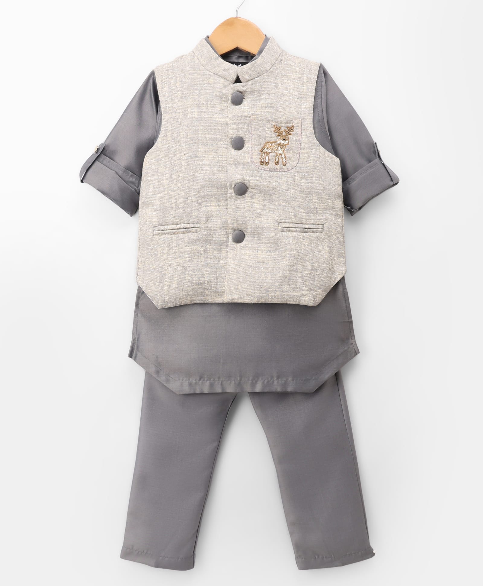 Little Collars Woven Full Sleeves Sequin Reindeer Ethnic Jacket & Kurta Pajama Set- Grey-image-14