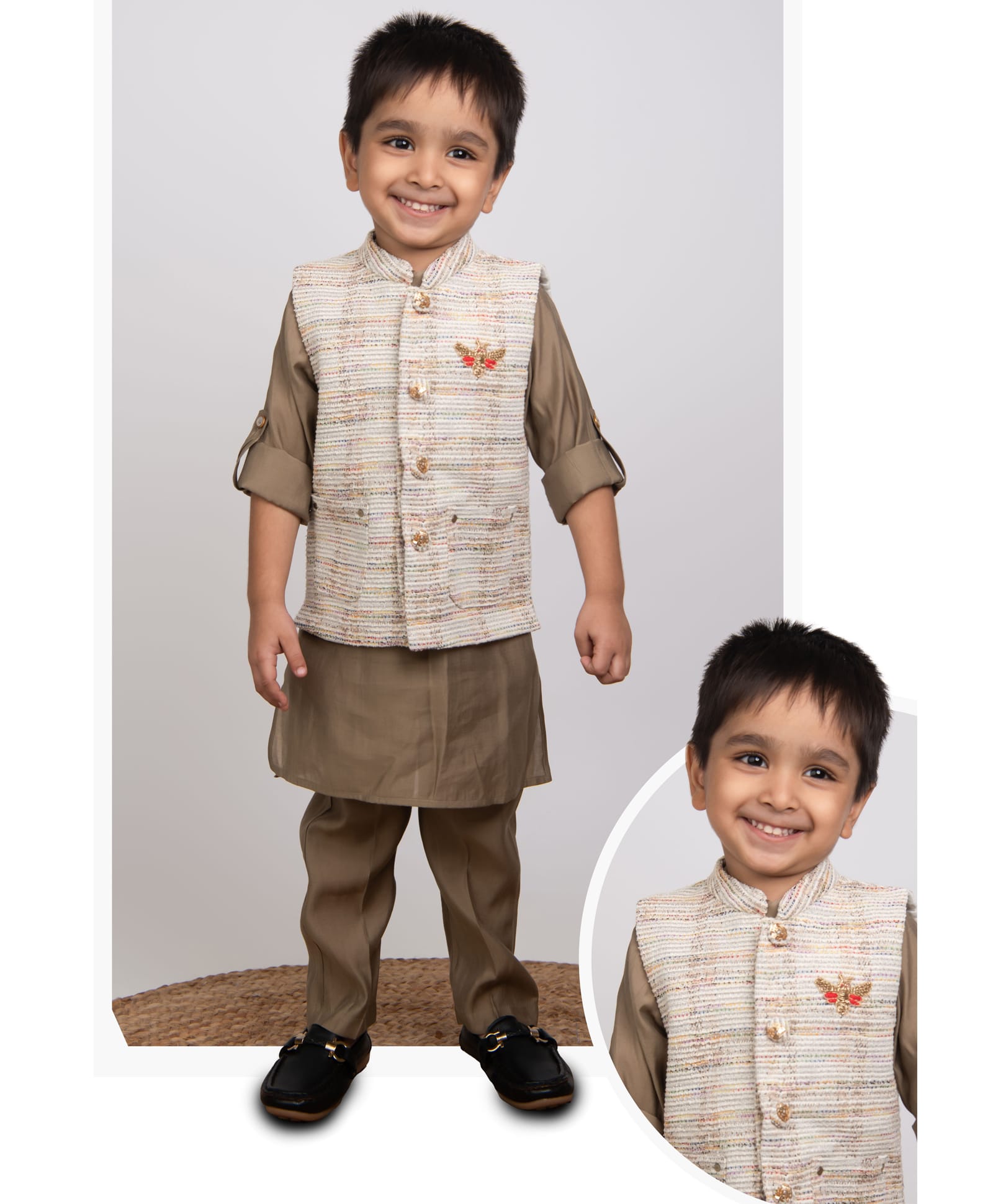 Little Collars Woven Full Sleeves Charming Ethnic Kurta Jacket Set With Insect Embroidery - Beige-picture-39