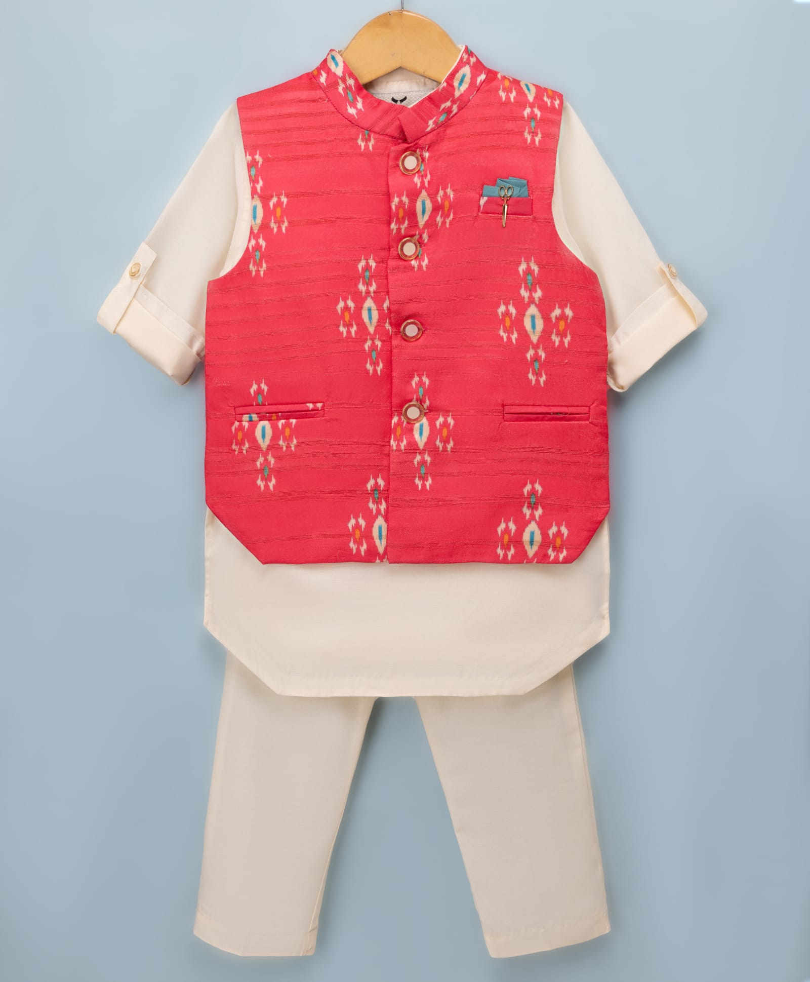 LITTLE COLLARS Blended Woven Ikat Printed Bright Ethnic Jacket With Full Sleeves Kurta Pajama Set- Dark Pink-picture-9