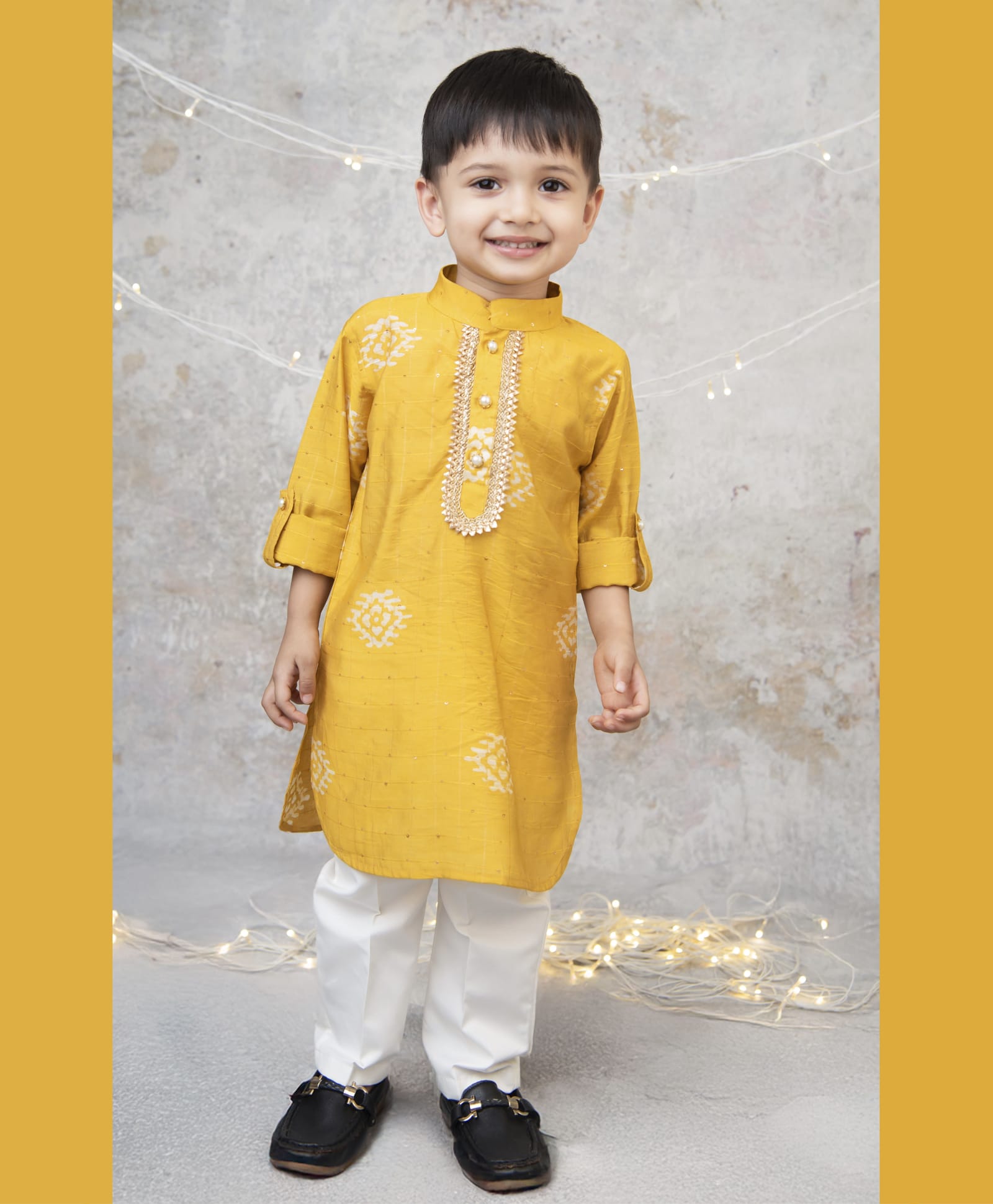 Little Collars Woven Full Sleeves Lace Detailing & Sequin Ethnic Kurta Pajama Set - Yellow-image-48