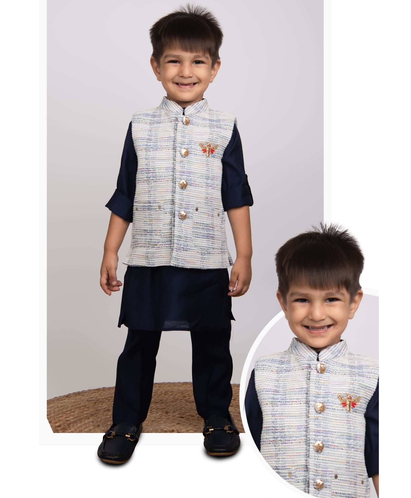 Little Collars Woven Full Sleeves Charming Ethnic Kurta Jacket Set With Insect Embroidery - Navy Blue-picture-20