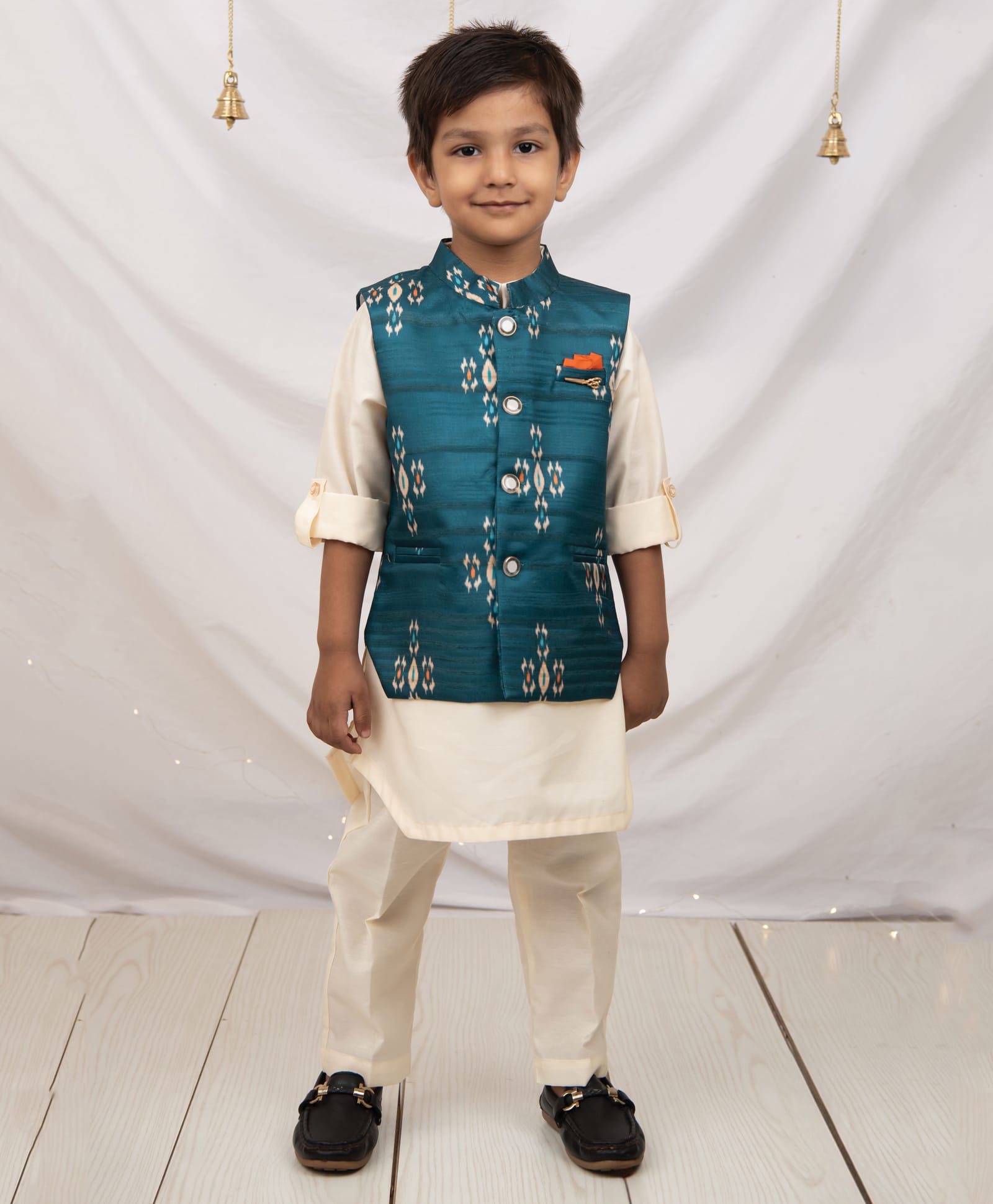 Little Collars Woven Ikat Printed Bright Ethnic Jacket With Full Sleeves Kurta Pajama Set - Teal Blue-picture-11