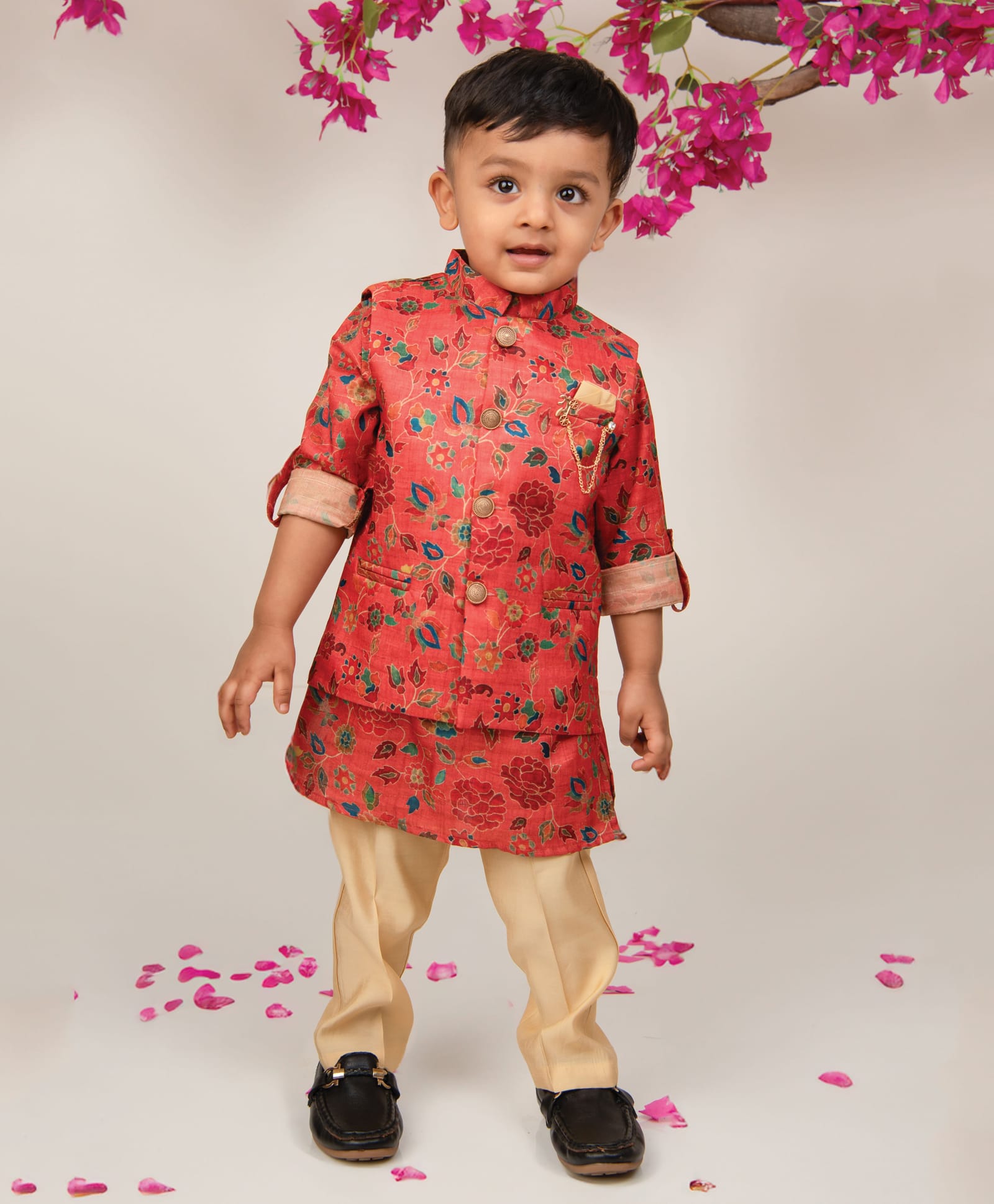 Little Collars Silk Blend Woven Full Sleeves Floral Ethnic Nehru Jacket Kurta And Pajama Set With Brooch - Rust Orange-image-36