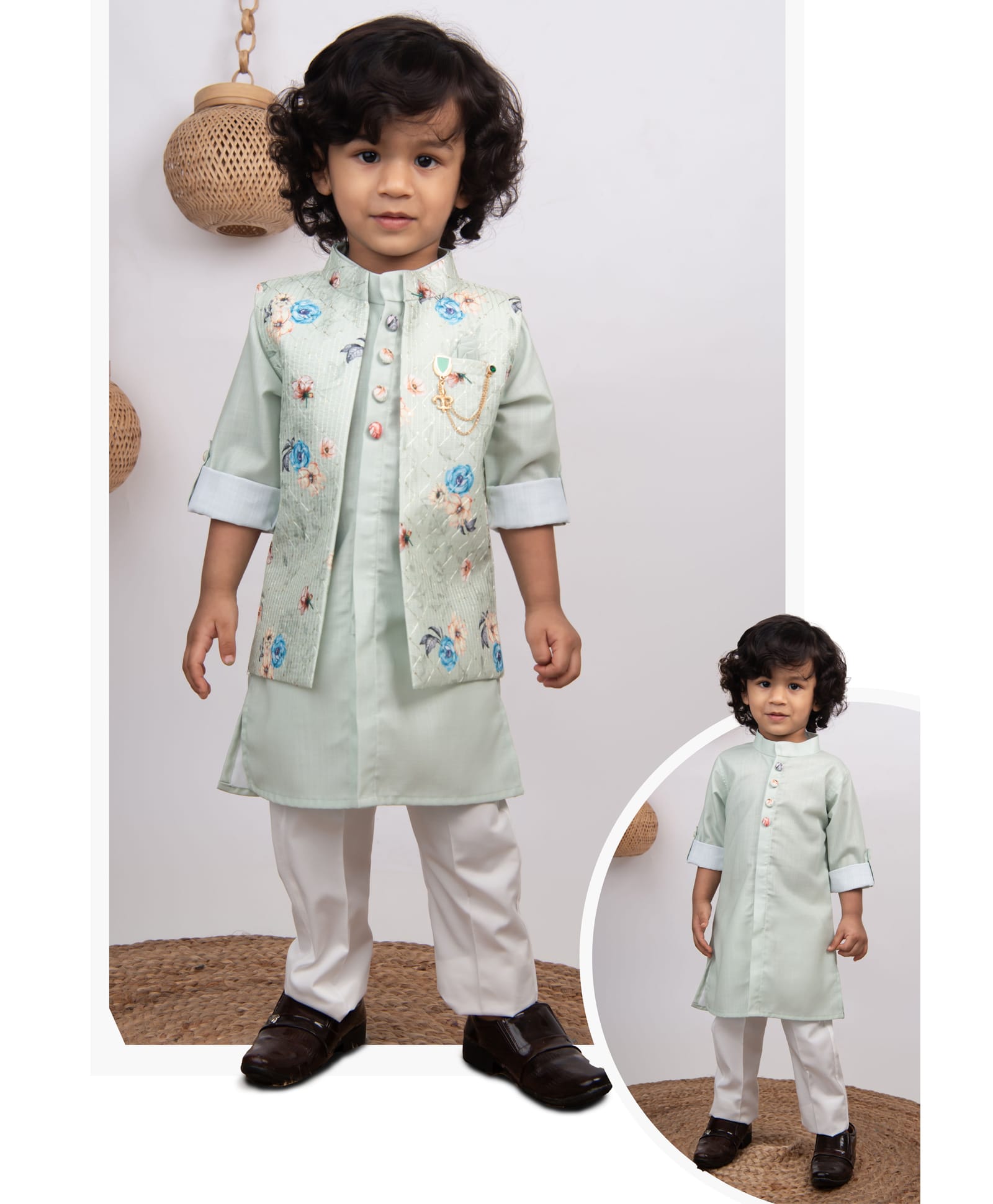 Little Collars Woven Full Sleeves Floral Embroidered Jacket Kurta Set- Green-picture-14