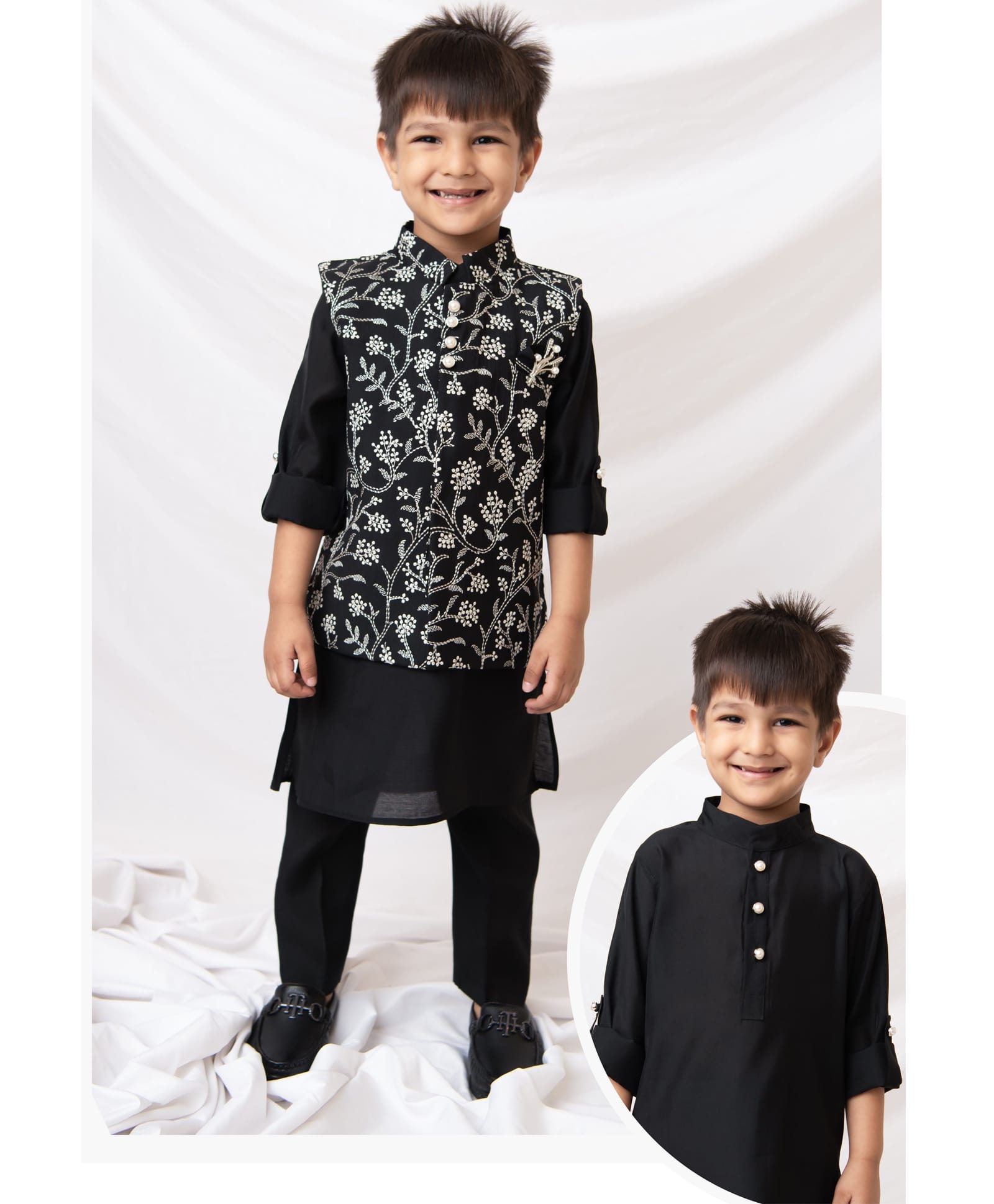 Little Collars Woven Full Sleeves Floral Embroidered Nehru Jacket Kurta Pajama Set- Black-picture-15