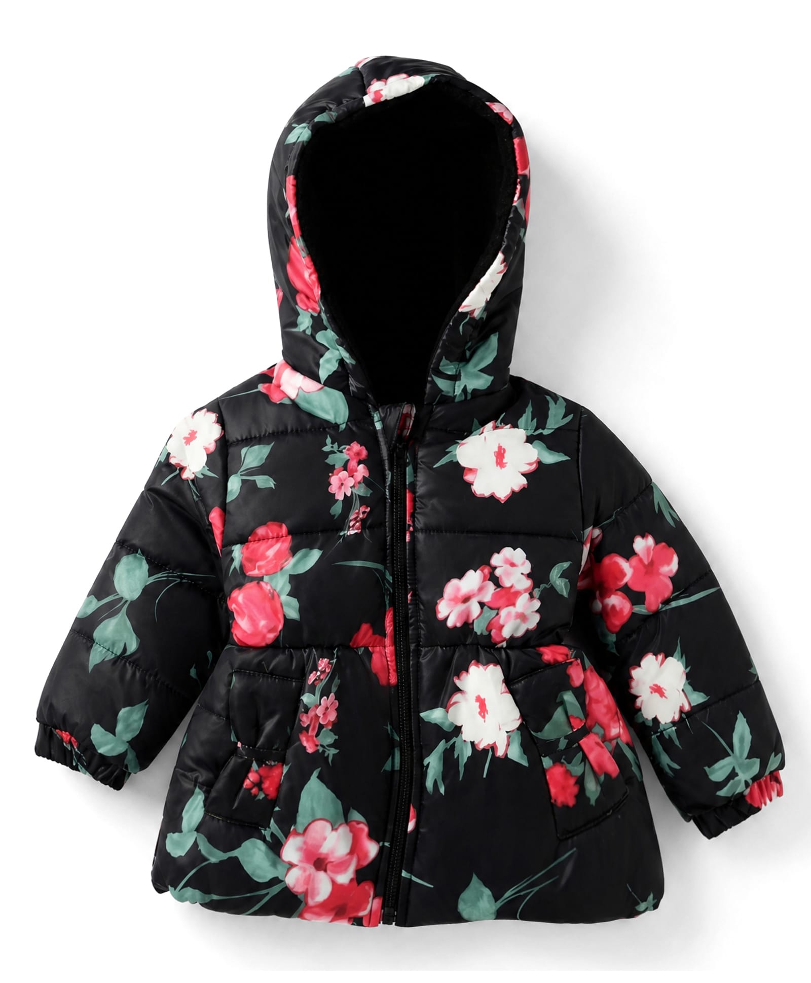 Babyhug Woven Hooded Padded Winter Jacket with Full Sleeves and Floral Print - Black-picture-24