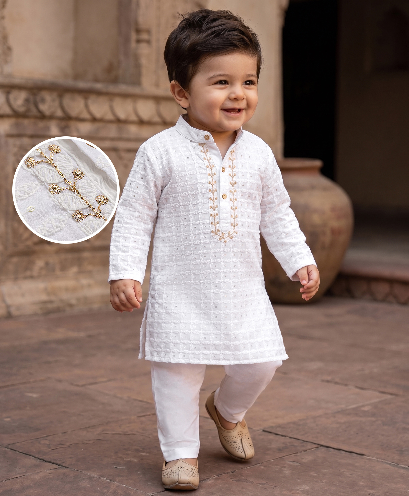 EARTHY TOUCH Georgette Woven Full Sleeves Self Embroidered & Sequinned Kurta Pajama Set - White-image-32