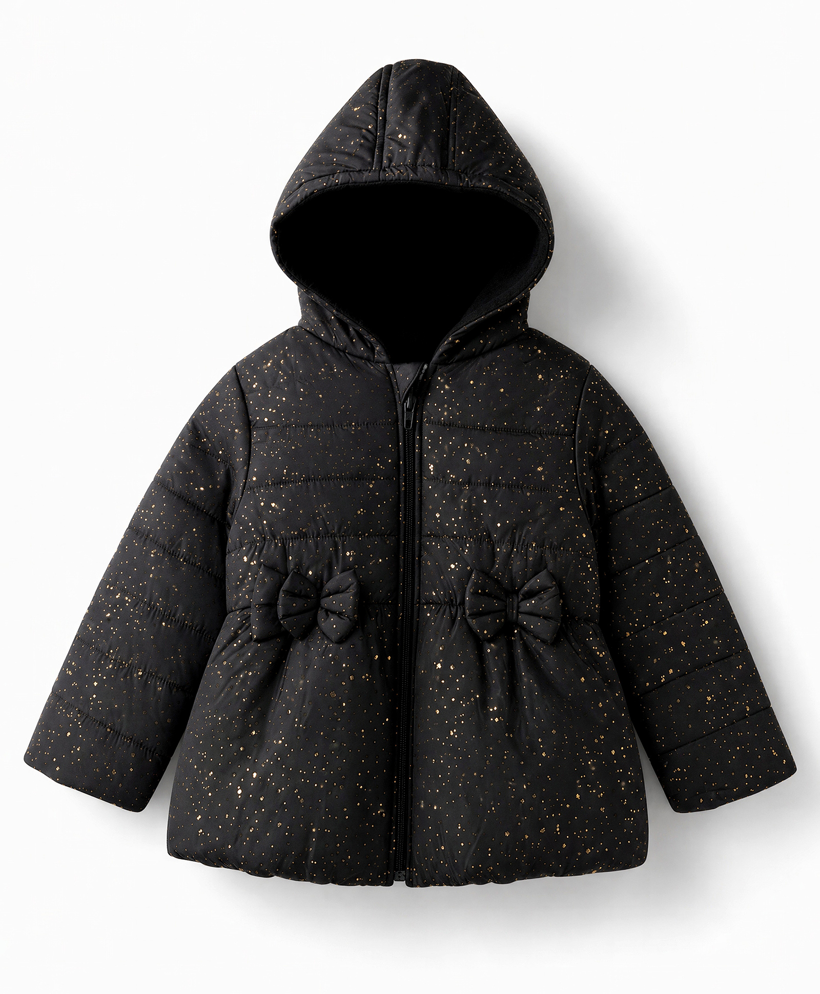 Babyhug Woven Full Sleeves Hooded Padded Jacket with Glitter Print & Bow Applique - Black-image-47