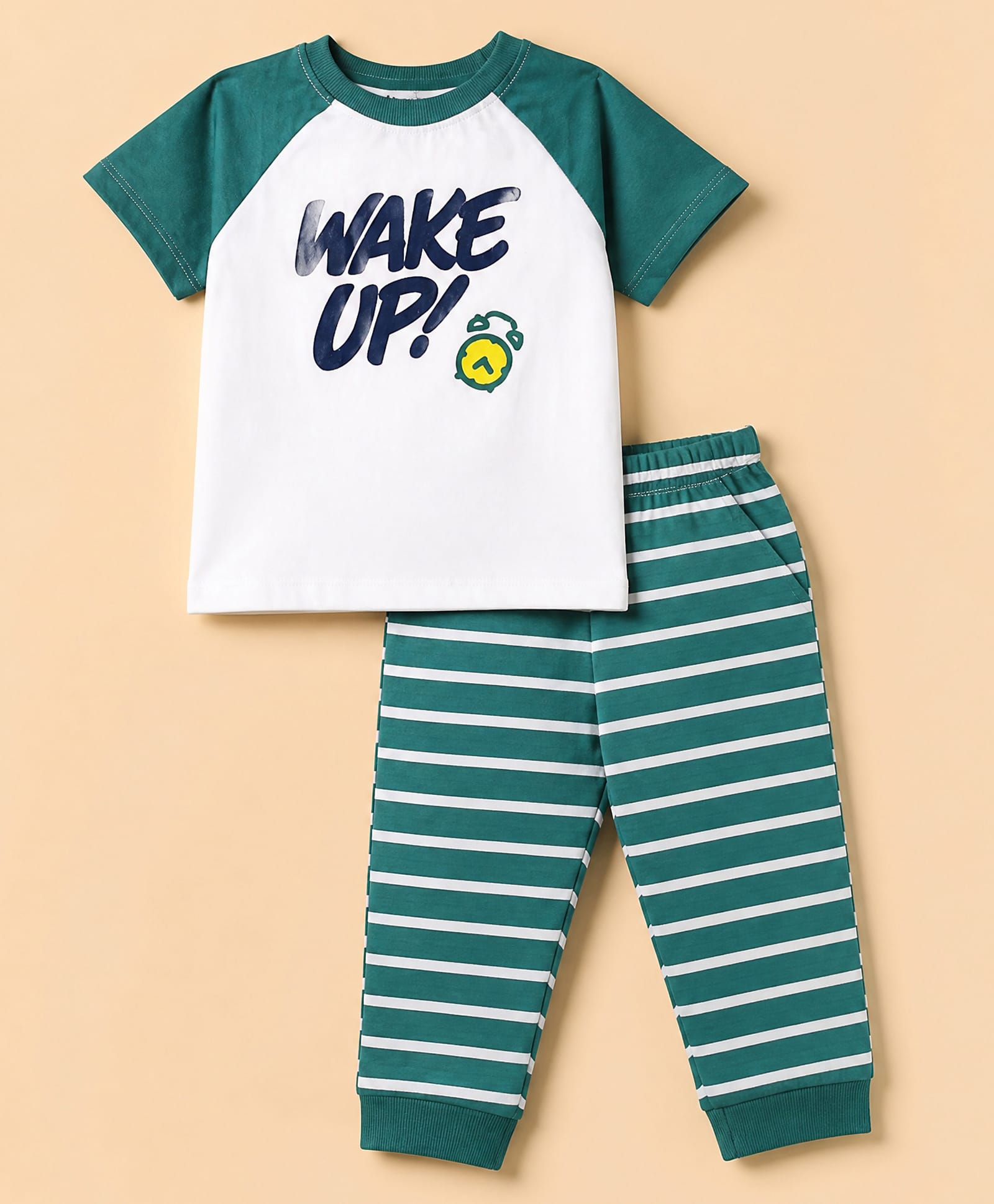 Honeyhap Premium 100% Cotton Knit Single Pajama & T-Shirt Night Suit with Half Raglan Sleeves with Bio Finish & Wake Up Print with Stripes - Bright White, Basil-picture-39