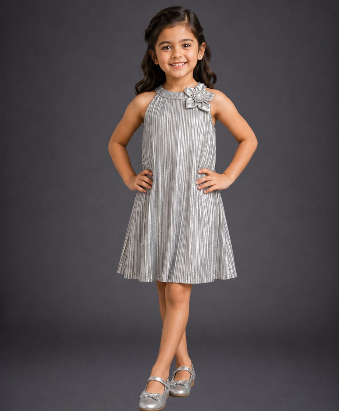 Lil' Drama Knit Sleeveless Floral Applique Detailed Dress - Grey-picture-40