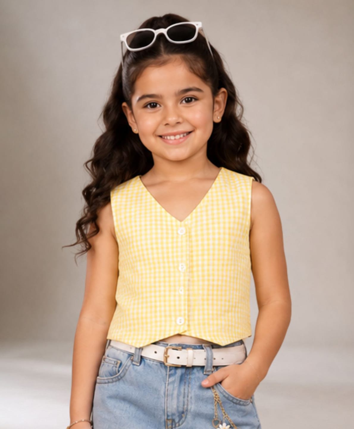 Lil' Drama Cotton Woven Sleeveless Checked Top - Yellow-image-46