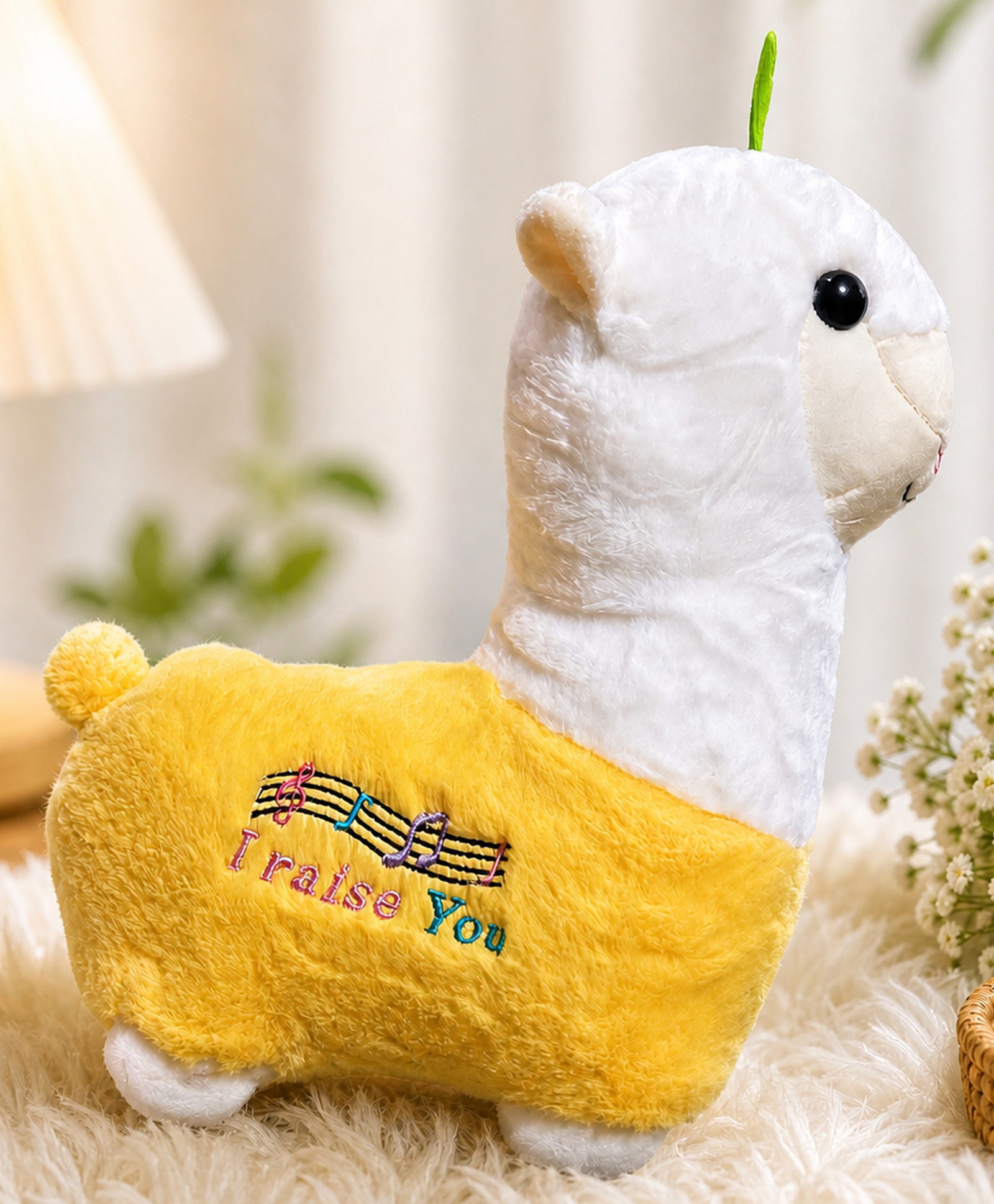 LITTLE HUNK 25 cm Alpaca Plush Toy, Yellow and White, Soft Stuffed Animal with Music Notes Embroidery, Gift for Kids-picture-17
