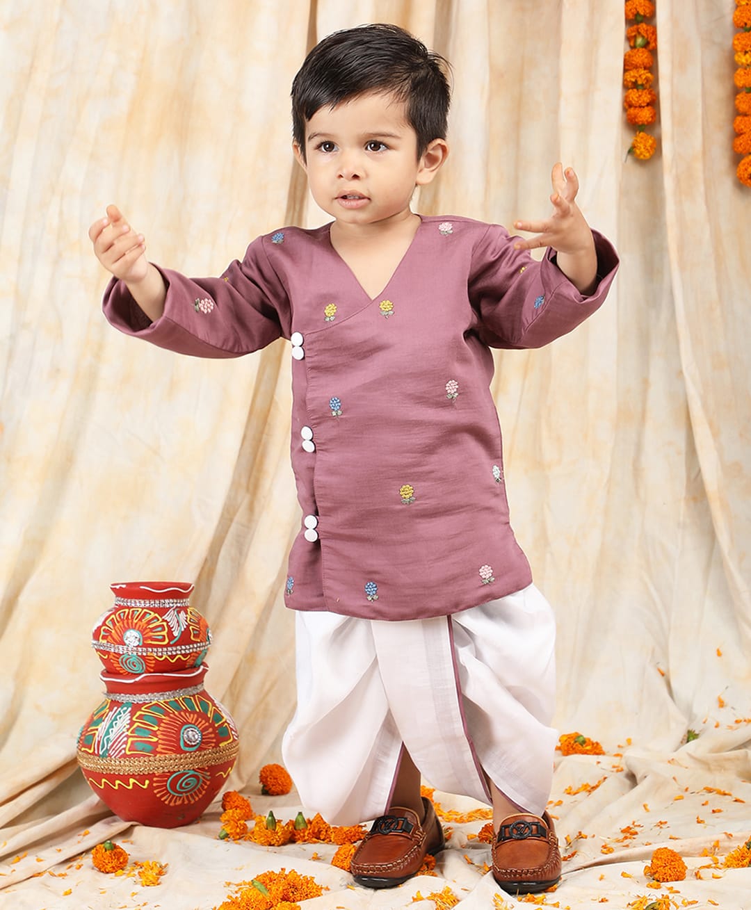 Polka Tots Cotton Woven Full Sleeves Embroidered Angarakha Kurta with Dhoti - Mauve-picture-25
