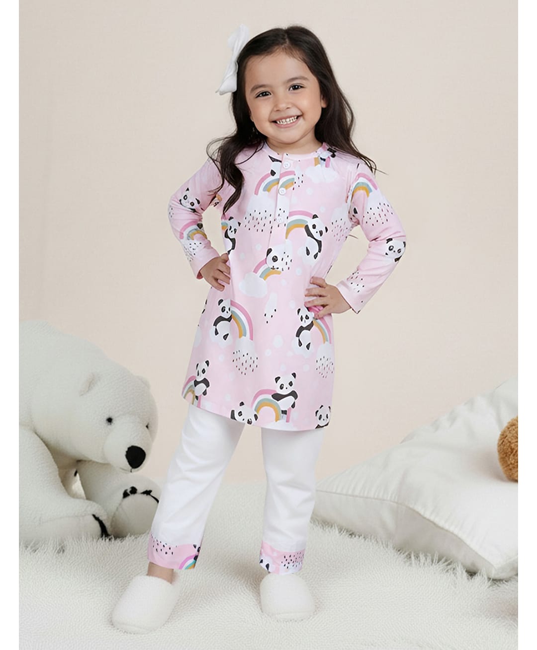 Polka Tots Cotton Woven Full Sleeves Panda & Rainbow Printed Kurta Pajama Set - Pink & White-picture-49