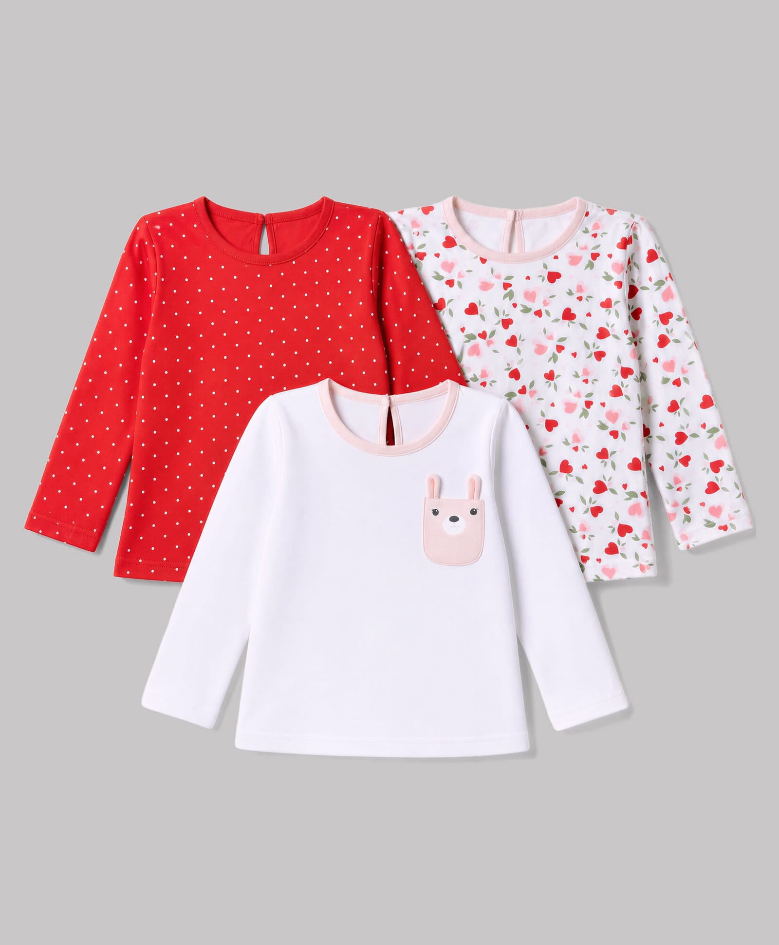 Babyhug Cotton Interlock Knit Full Sleeves T-Shirts with Polka Dots , Heart & Bear Applique Pack of 3 - Red White & Pink-image-20