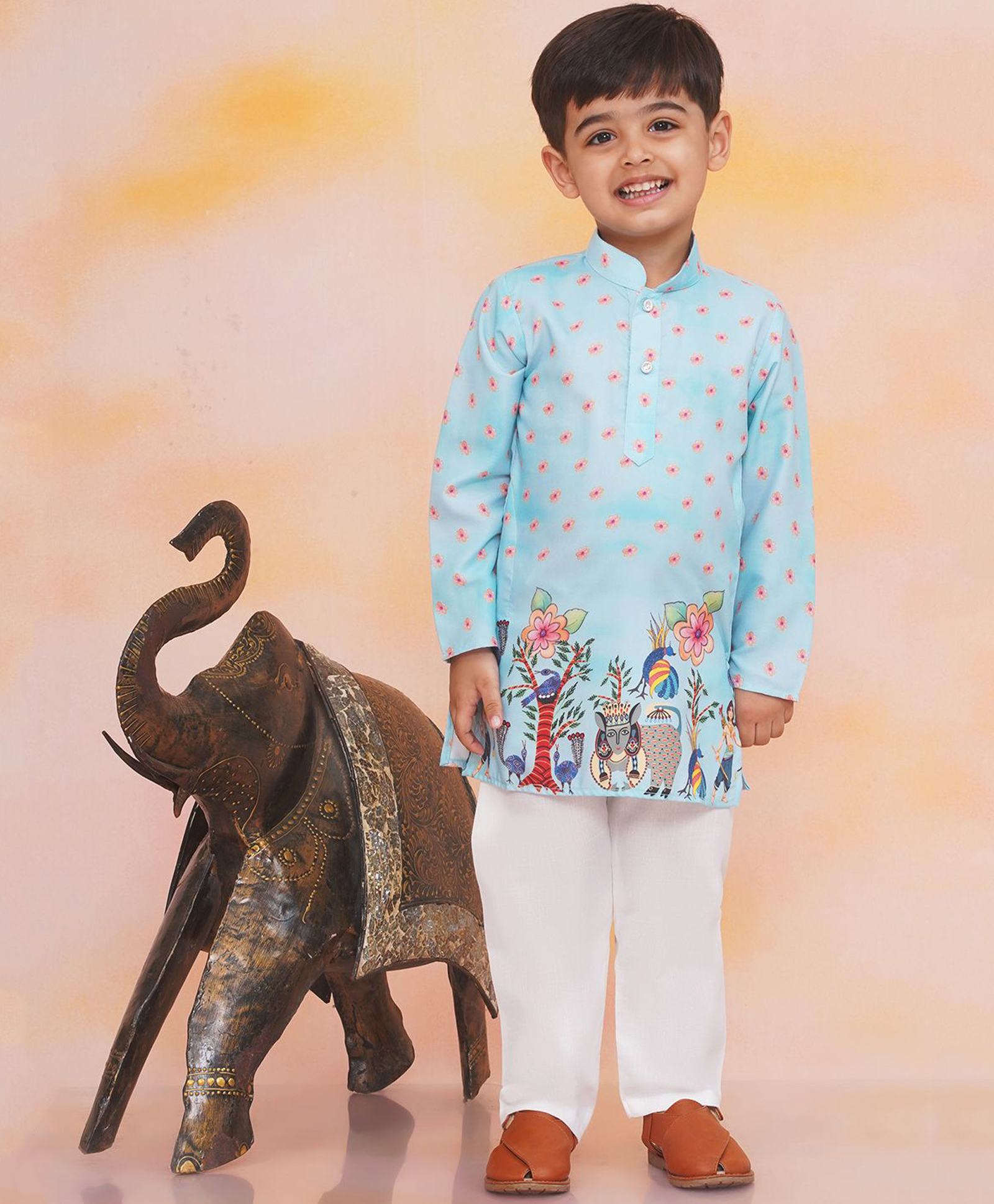 KID1 Silk Woven Full Sleeves Rama Digital Printed Kurta With Pyjama - Sky Blue-picture-12