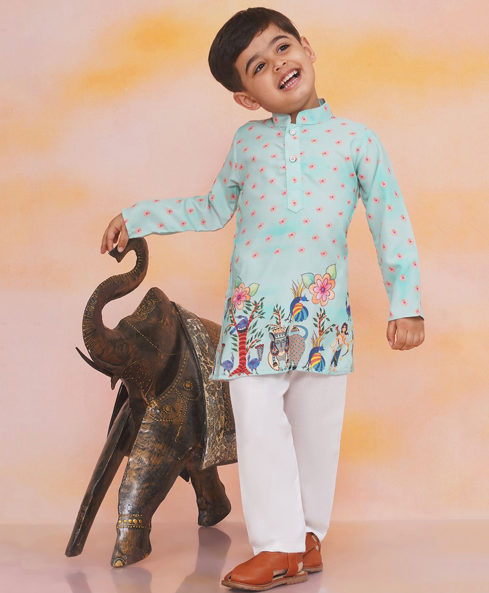 KID1 Silk Woven Full Sleeves Rama Digital Printed Kurta With Pyjama - Sea Green-picture-35
