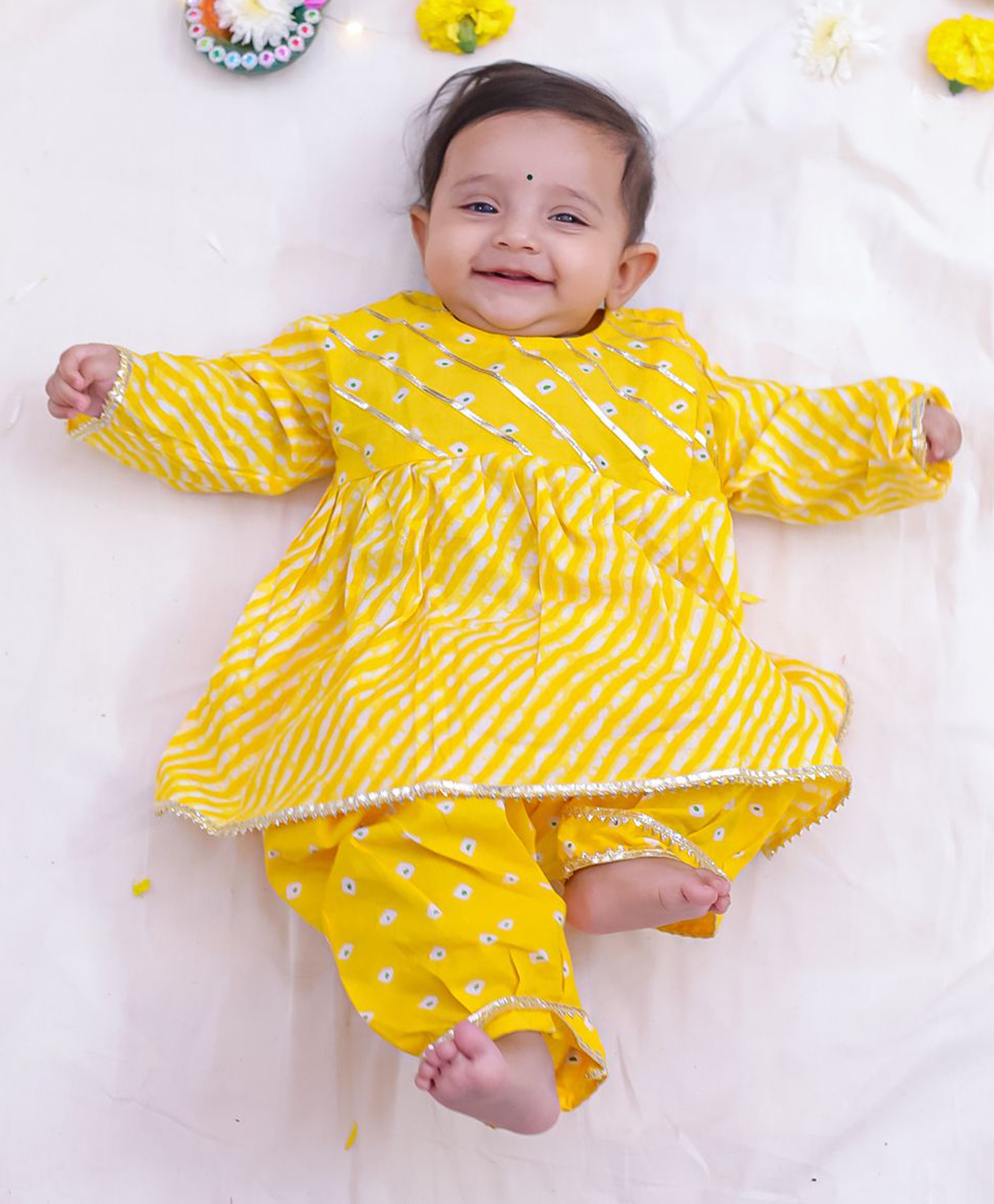 Kid1 Cotton Woven Full Sleeves Lehariya Printed Bela Kurta & Salwar Set - Yellow-picture-5