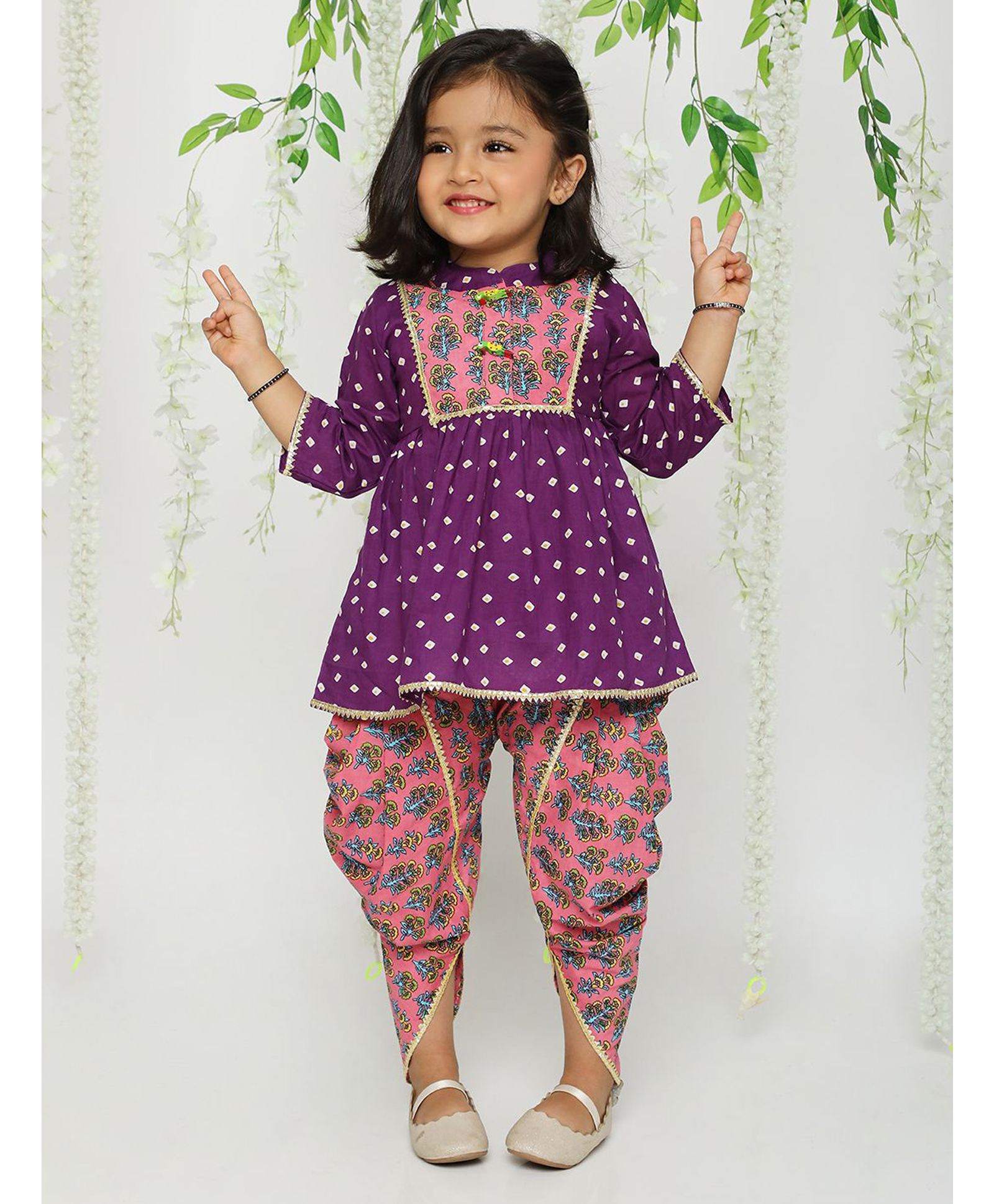 KID1 Cotton Woven Three Fourth Sleeves Bandhej Designed Kurta With Coordinating Jaipuri Flower Printed Overlapped Dhoti - Purple & Pink-image-1