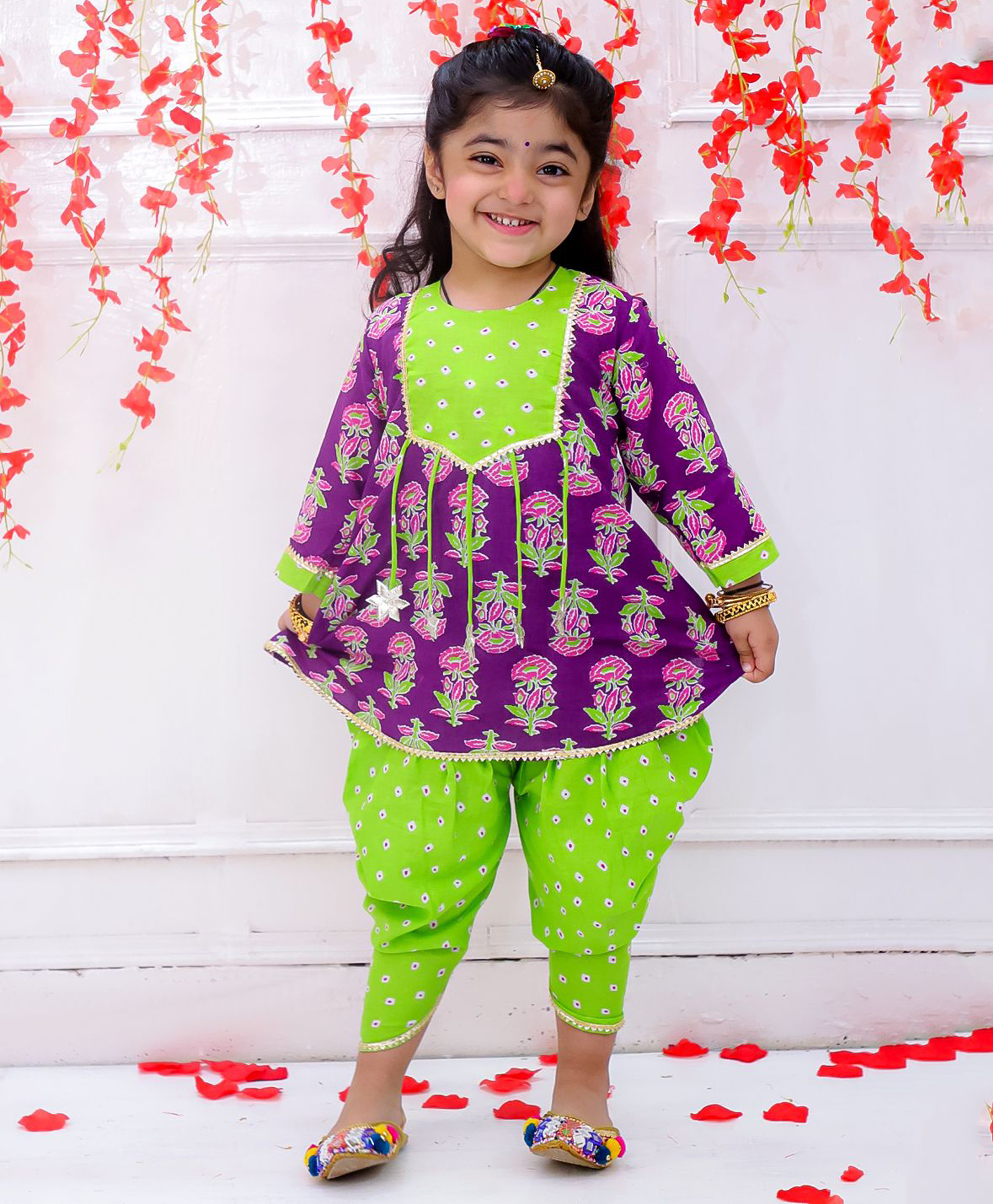 KID1 Cotton Woven Three Fourth Sleeves Floral Printed Krisha Peplum Kurti & Dhoti Set - Purple & Green-image-17