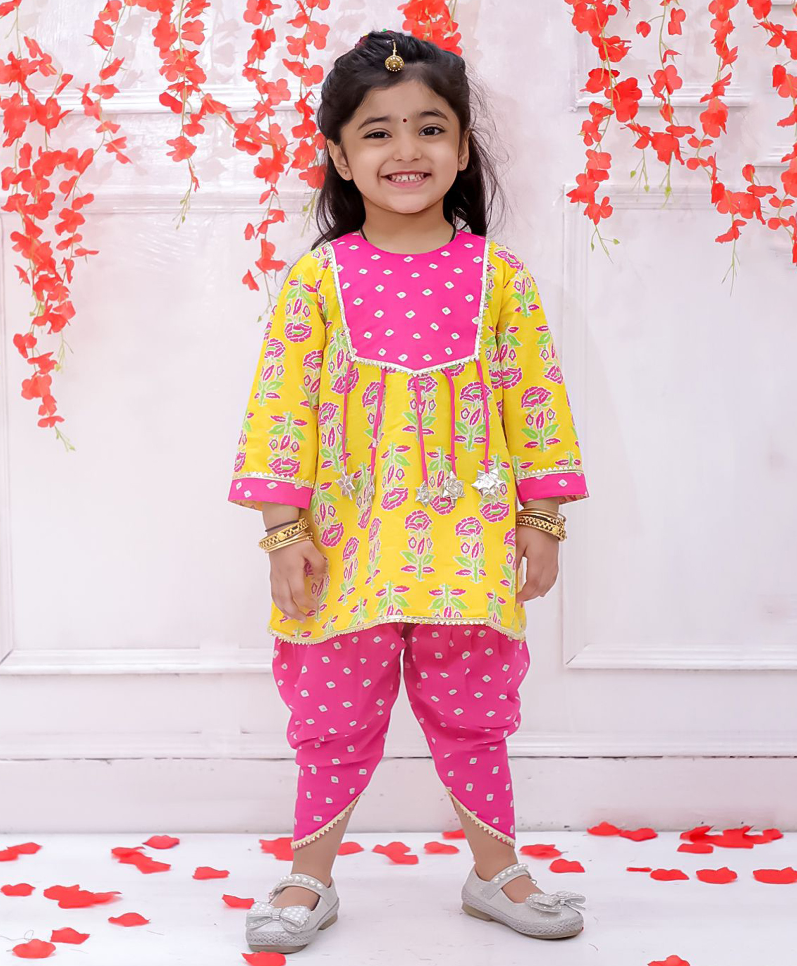 KID1 Cotton Woven Three Fourth Sleeves Floral Printed Krisha Peplum Kurti & Dhoti Set - Yellow & Pink-image-42