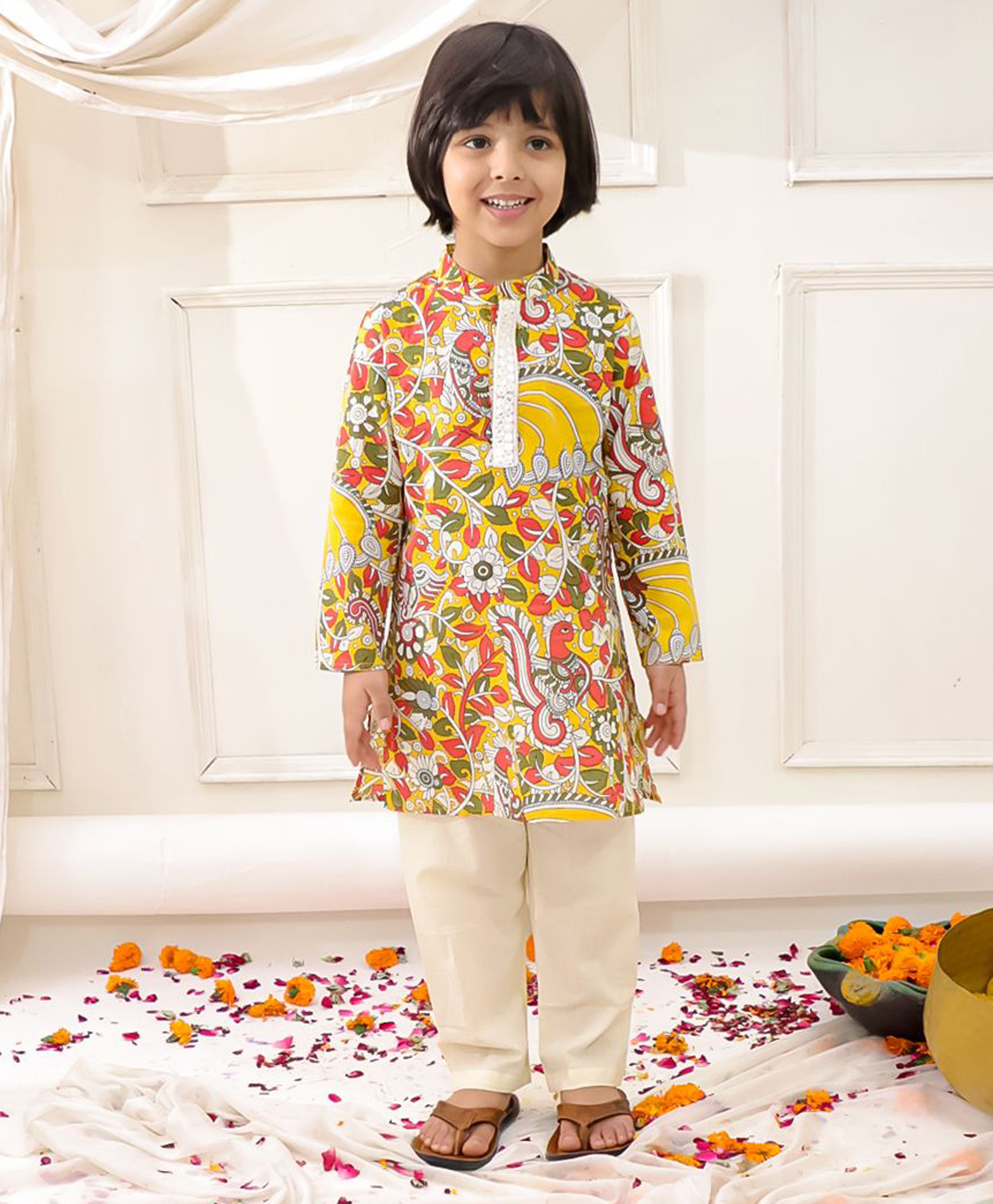 KID1 Cotton Woven Full Sleeves Madhubani Printed Kurta Pajama Set - Yellow-image-20