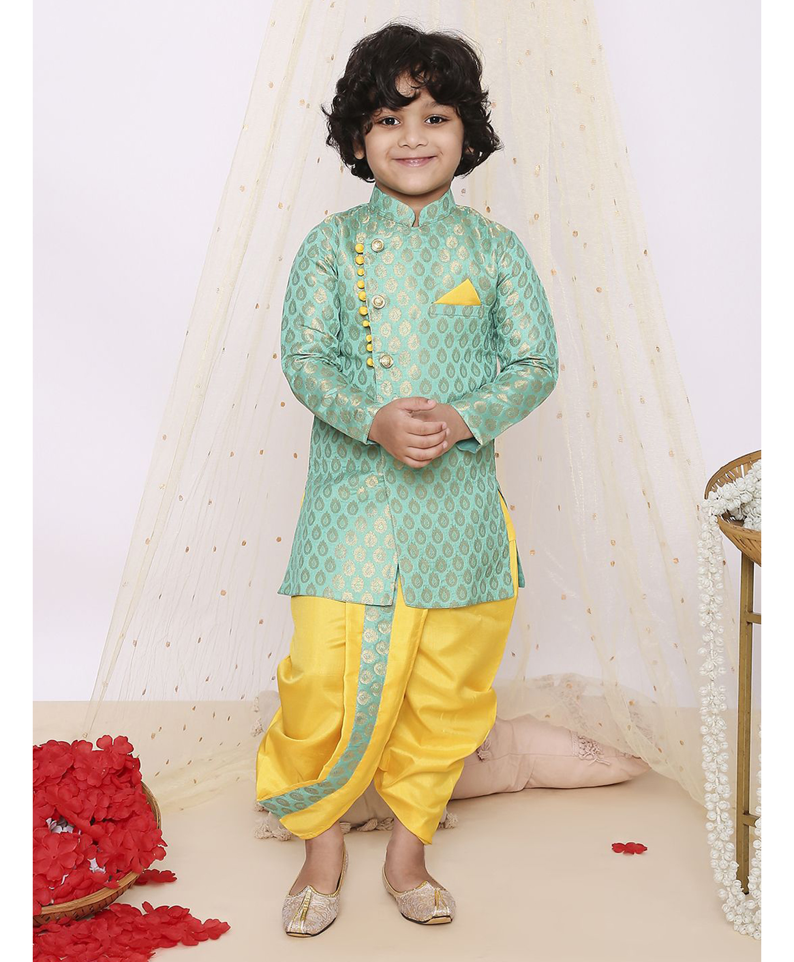 KID1 Jacquard Woven Full Sleeves Printed Sherwani Dhoti - Green & Yellow-picture-9