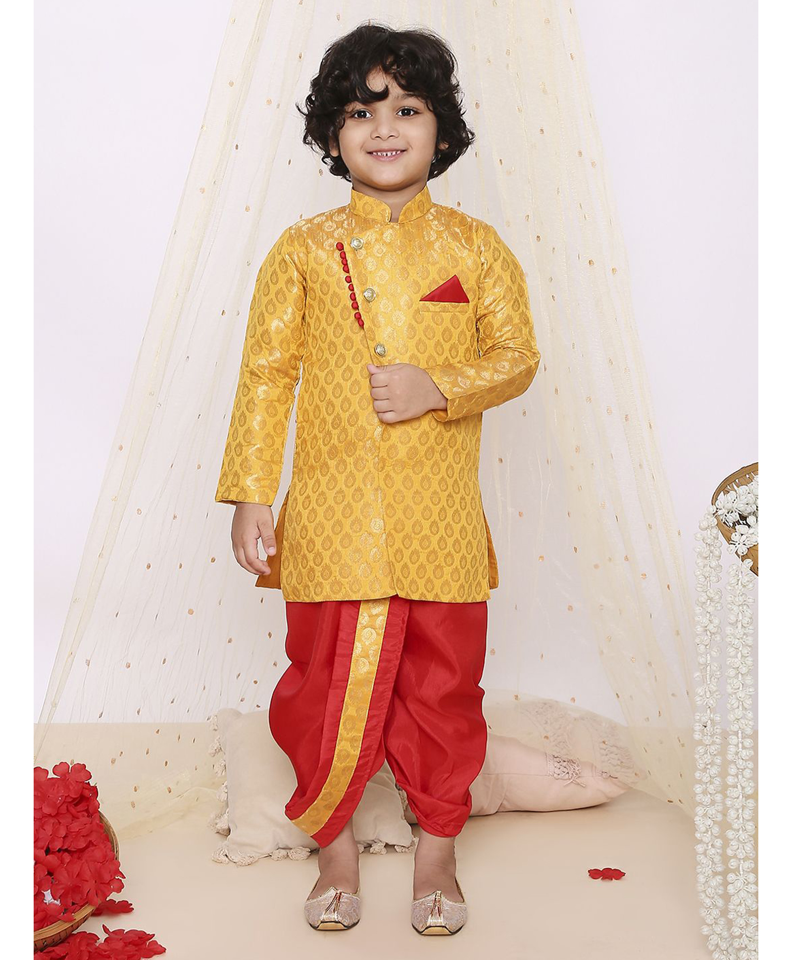 KID1 Jacquard Woven Full Sleeves Printed Sherwani Dhoti - Yellow & Red-image-2